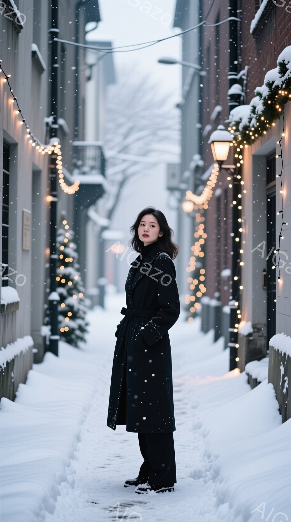 黒いロングコートを羽織った女性が、雪に覆われた路地に立っている。彼女は少し微笑み、落ち着いた表情で、正面を向いている。背景にはレンガ造りの建物が立ち並び、クリスマスイルミネーションが冬の景色を彩っている。