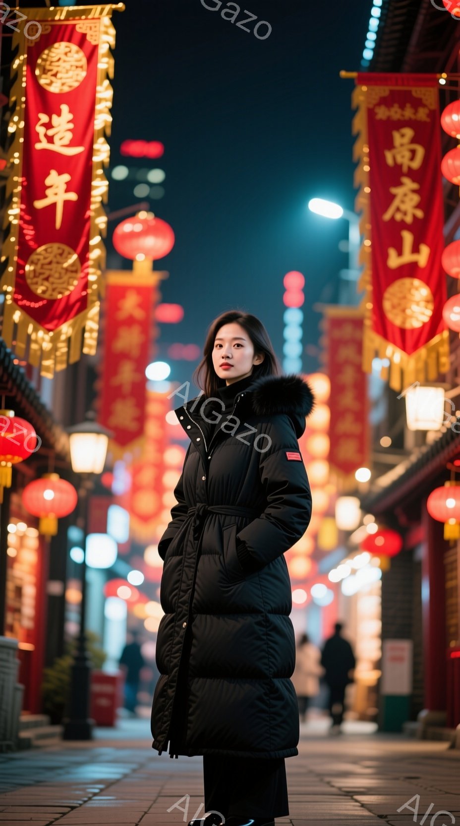 画像には、黒いダウンジャケットを着た若い女性が立っています。彼女は髪を後ろにまとめ、少し微笑んでいます。背景には、赤い提灯や伝統的な中国建築がぼやけており、夜の賑やかな雰囲気が漂っています。
