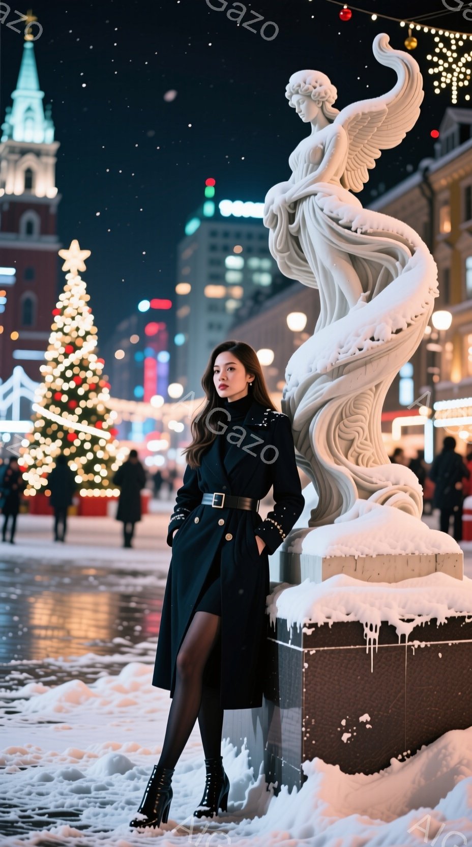 黒いロングコートと黒いタイツを着用した女性が、雪で覆われたモニュメントの横に立っている。彼女はシックなベルトでウエストを締め、黒いブーツを履いており、少し微笑んでいる。背景には、クリスマスツリーやライトアップされた建物がぼやけ、雪が舞う夜の街並みが広がっている。