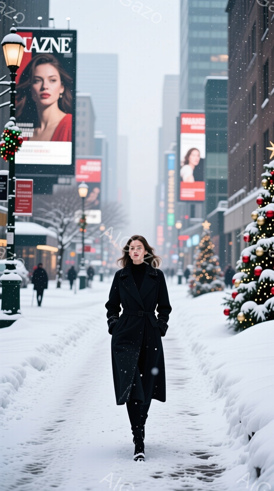 雪が降るニューヨークの街並みを、黒いロングコートを羽織った女性が歩いている。彼女はダークブラウンの髪を後ろでまとめ、真剣な表情で前を見据えている。背景には高層ビル群とクリスマスの装飾が施された木々が見え、冬の寒さと都市の賑わいが混ざり合った雰囲気が漂っている。
