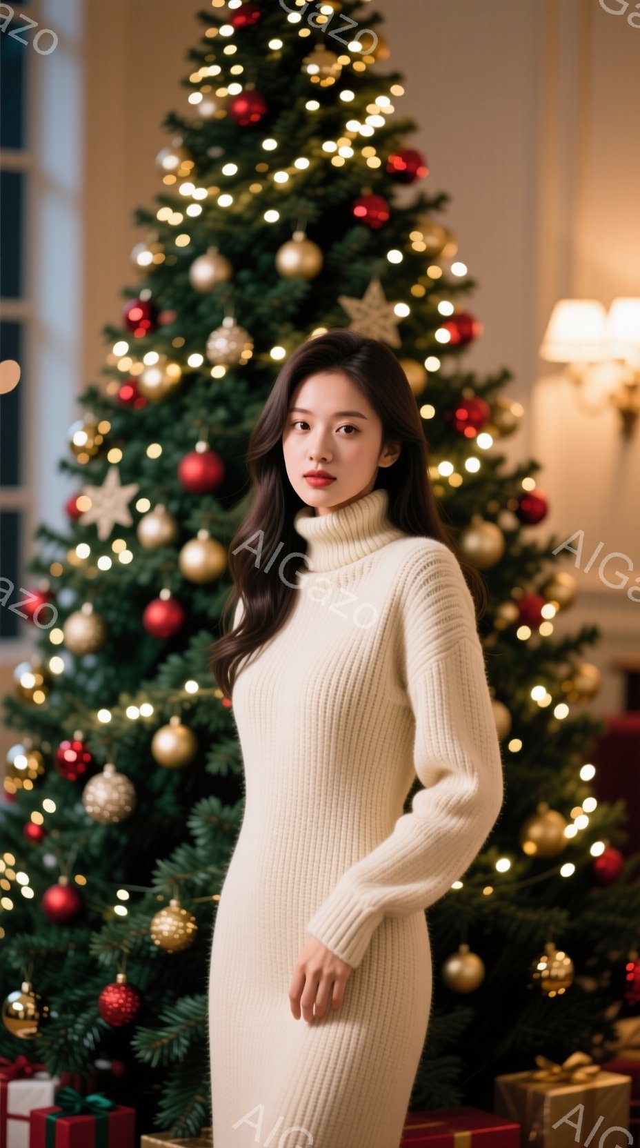 クリーム色のタートルネックのロングニットワンピースを着た女性が立っています。彼女は長い黒髪で、穏やかな表情を浮かべています。背景には、オーナメントで飾られたクリスマスツリーと、プレゼントボックスが並び - AI生成フリー素材