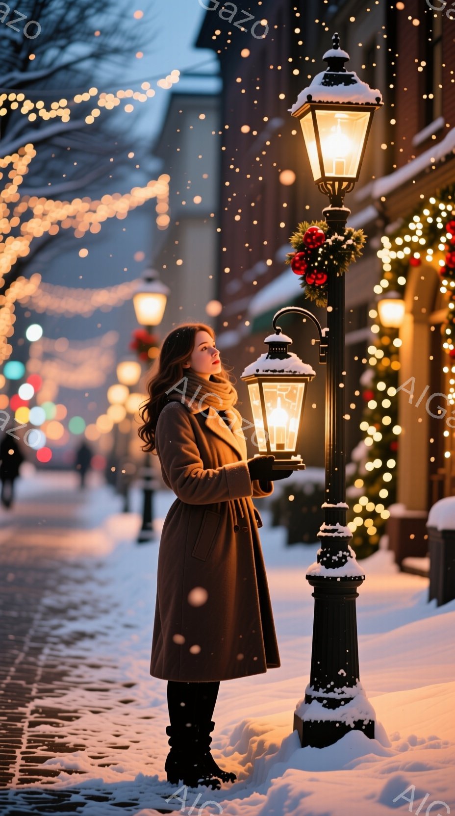 長い茶色のコートを着た女性が、雪が降る街路で街灯のそばに立っている。彼女は黒いブーツを履き、髪は肩まで伸びたゆるいウェーブで、少し顔を上げて何かを見ているようだ。背景には、きらめくライトで飾られた建物があり、雪景色が冬の暖かく幻想的な雰囲気を醸し出している。