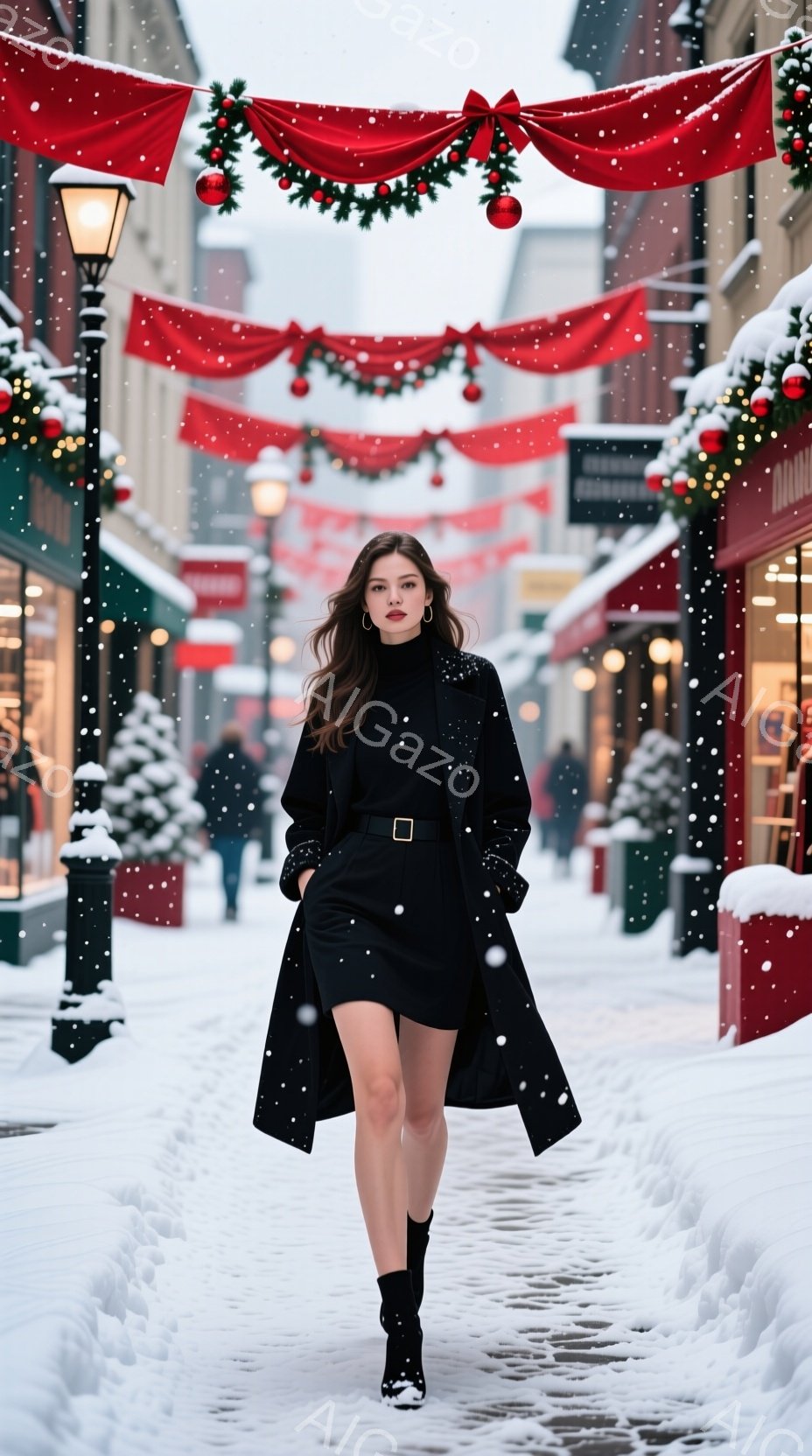 黒いコートとミニドレスを着た女性が、雪の降る石畳の通りを正面から見つめながら歩いている。彼女は長い茶色の髪を持ち、控えめな表情で、ブーツを履いて冬の装いを完成させている。背景には、クリスマス装飾が施された建物が並び、雪が降り積もる冬の街並みが広がっている。