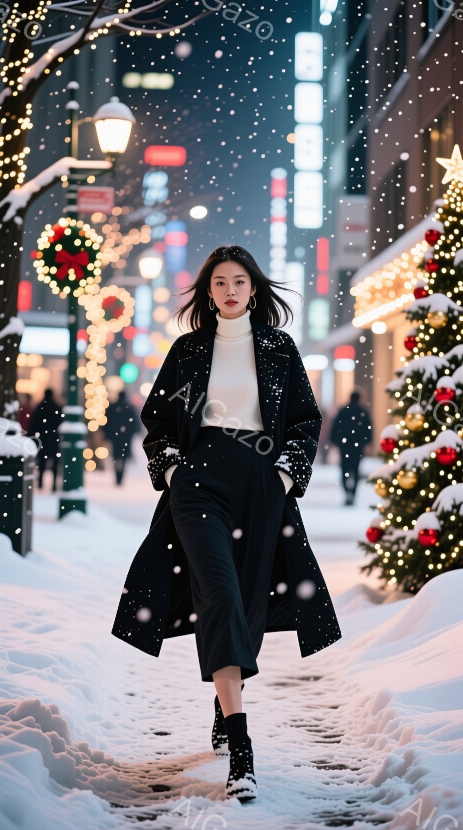 雪が舞う街路で、黒いロングコートを着た女性がこちらに向かって歩いてくる。彼女は白いセーターと黒いパンツを合わせ、黒いブーツを履いている。背景にはクリスマスの装飾が施された建物や木々がぼやけ、冬の暖かく幻想的な雰囲気を醸し出している。