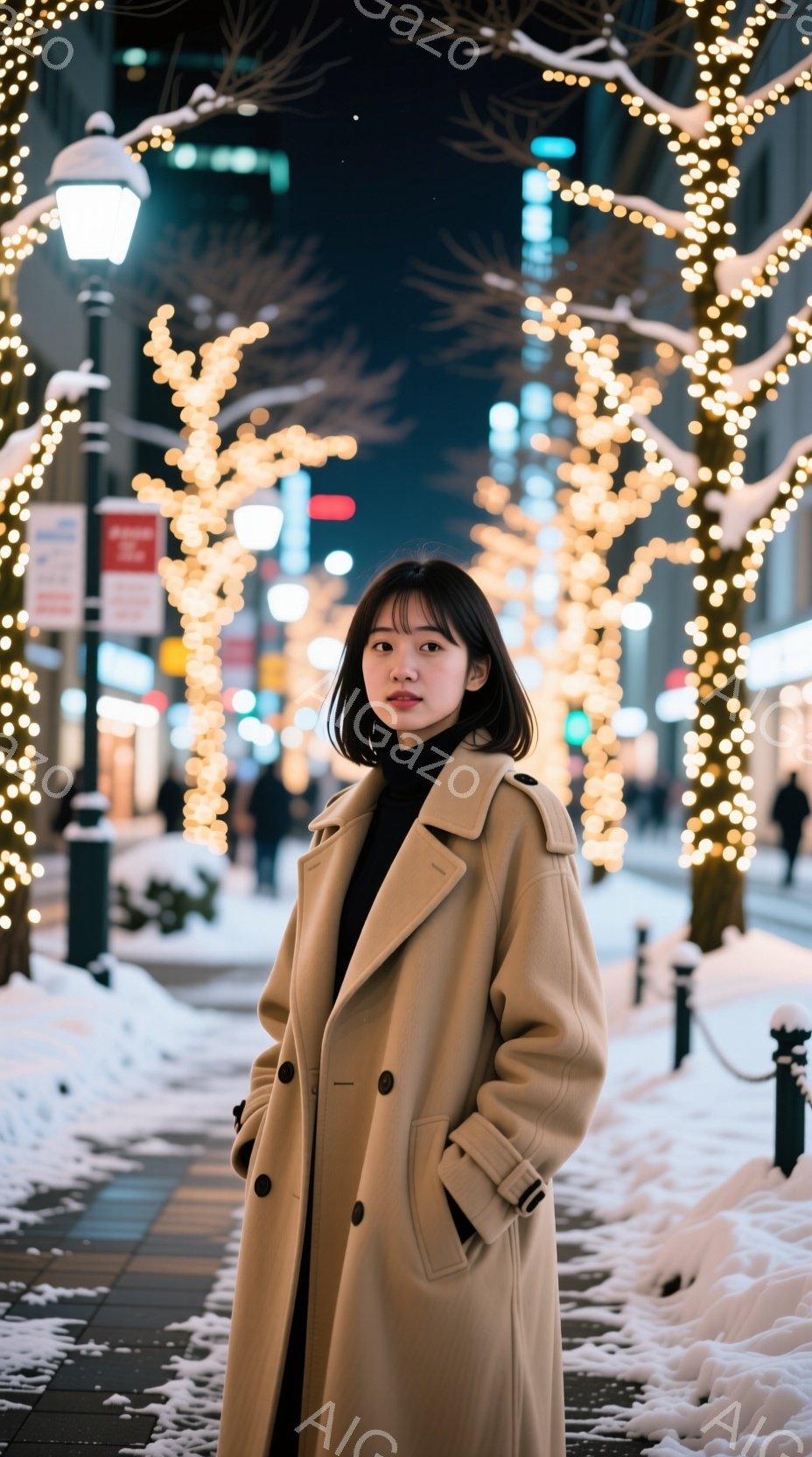 画像には、ベージュ色のロングコートを着た若い女性が立っています。彼女は黒い髪を肩のあたりで切り揃え、前髪は眉毛にかかるようにカットされています。背景には、雪が積もり、イルミネーションで飾られた並木道が広がり、冬の夜の静かで幻想的な雰囲気を醸し出しています。