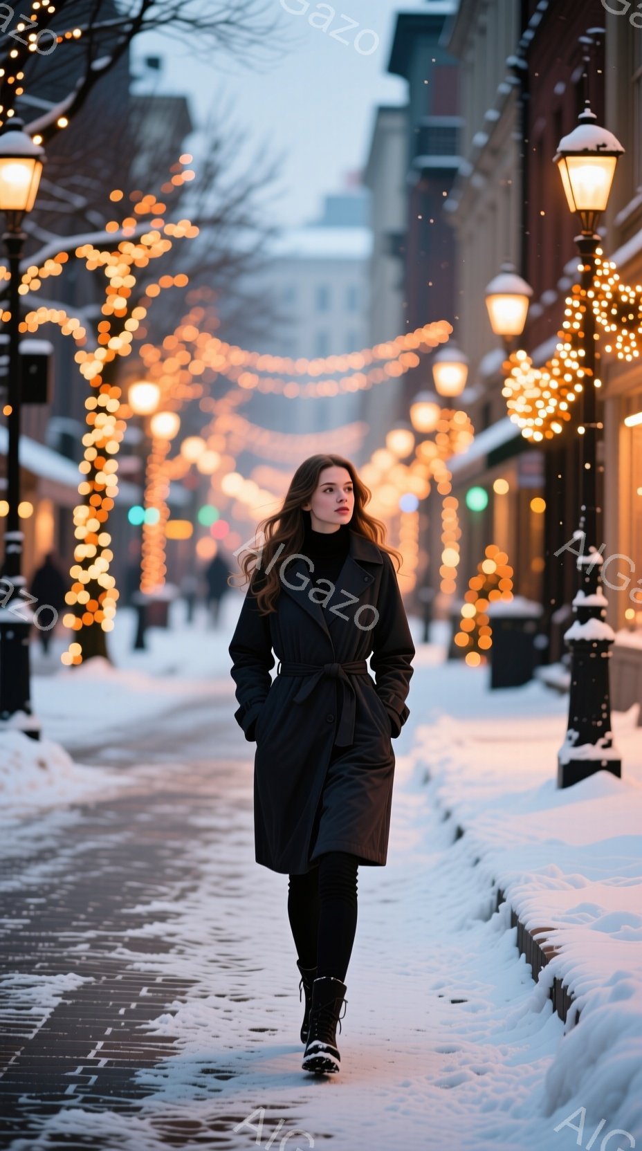 雪が降る街路を、黒いコートを着た女性が歩いている。彼女は長い茶髪を無造作に垂らし、少し憂いを含んだ表情で前を見つめている。背景には、クリスマスイルミネーションで飾られた建物が並び、冬の穏やかな雰囲気を醸し出している。
