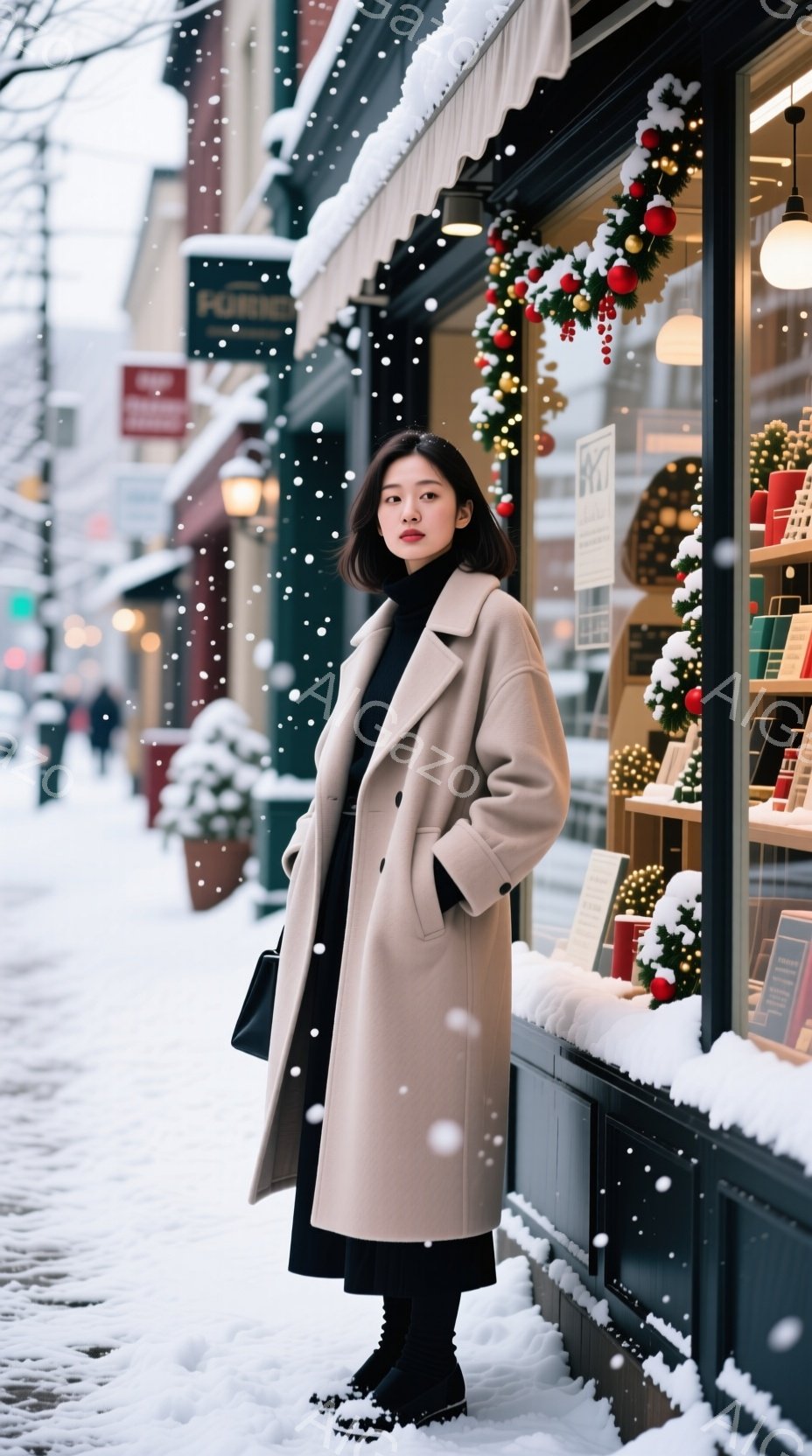 画像には、ベージュ色のオーバーコートを羽織った若い女性が写っています。彼女は黒いワンピースとブーツを履き、黒髪のボブスタイルで、わずかに微笑んでいます。背景には雪が舞う街並みと、クリスマス装飾が施されたお店が見え、冬の穏やかな雰囲気が漂っています。