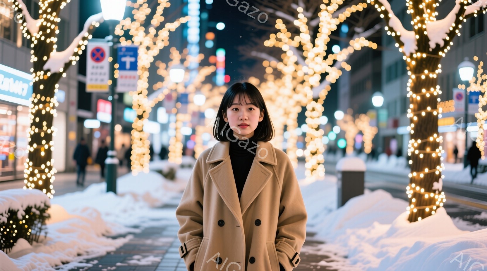 若い女性がベージュ色のコートを着て立っています。彼女は黒い髪で前髪が少し長く、表情は穏やかで正面を見ています。背景は夜の街並みで、道路沿いの木々に無数のイルミネーションが飾られており、地面には雪が積も - AI生成フリー素材