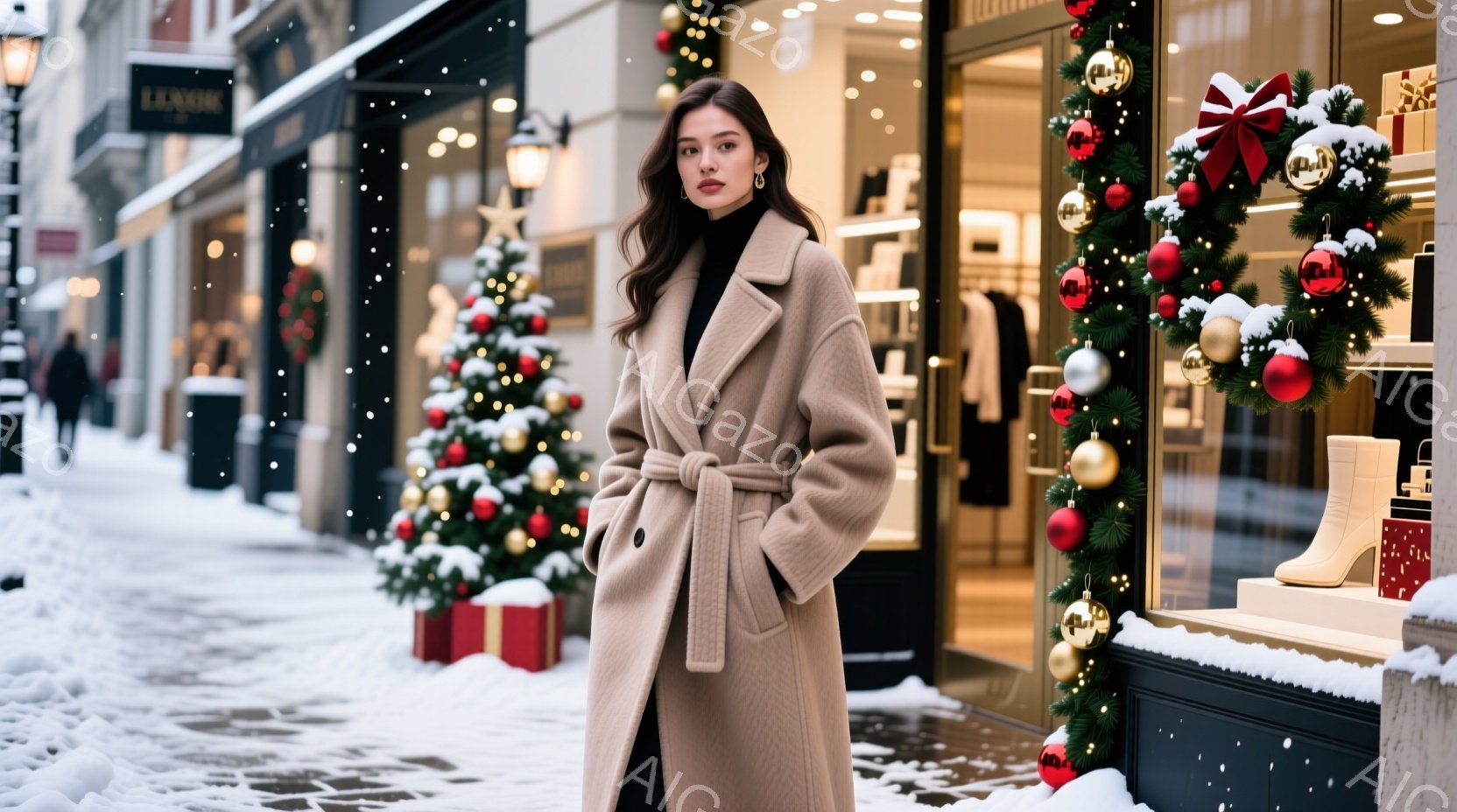 長いベージュ色のコートを着た女性が、クリスマス装飾が施されたショーウィンドウの前に立っている。彼女は黒い髪をセンターパートにしており、わずかに微笑んでおり、落ち着いた雰囲気を醸し出している。背景には雪 - AI生成フリー素材