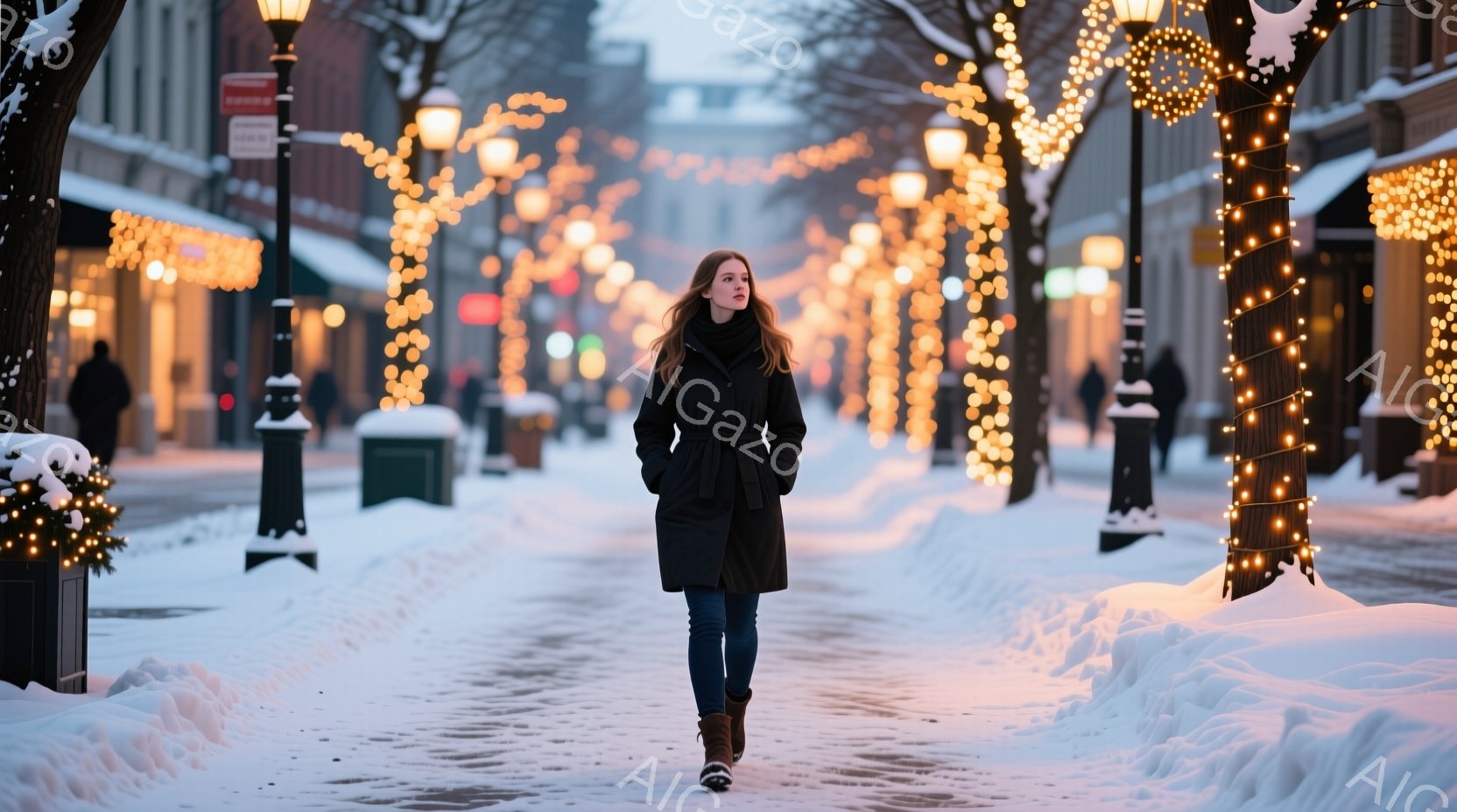 長い黒いコートを着た女性が、雪に覆われた街路を歩いている。彼女は茶色の髪を自然に垂らし、やや下を向いた表情で、冬の景色を静かに見ているようだ。背景には、クリスマスライトで飾られた建物や街路樹が並び、雪景色と相まって幻想的な雰囲気を醸し出している。