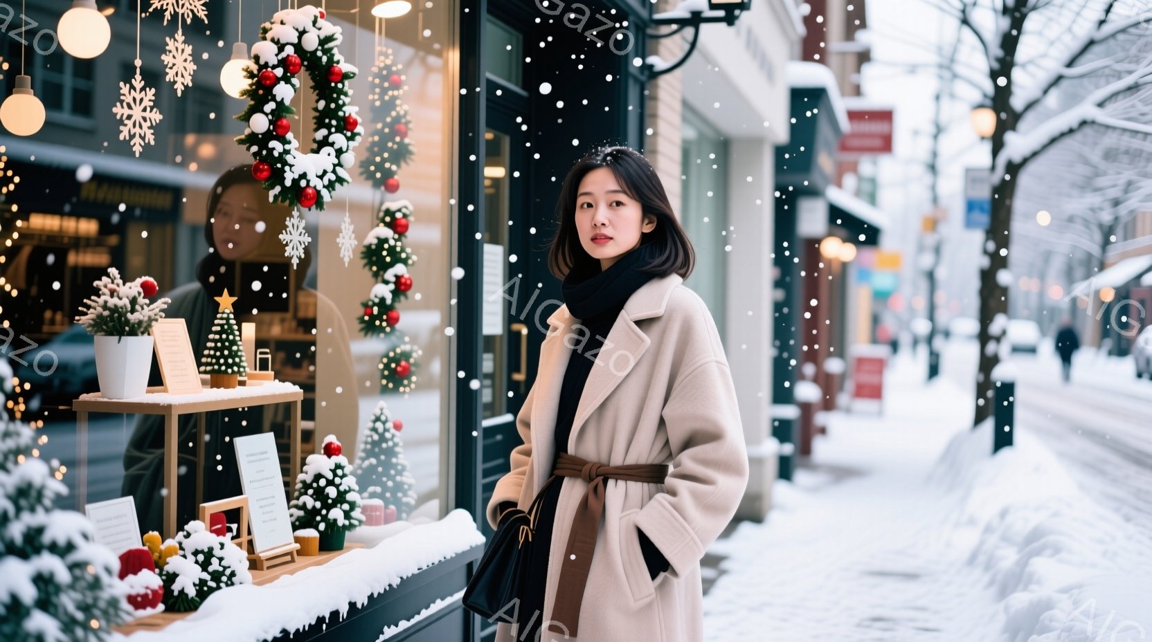 長いキャメルのコートを着て、黒いスカーフを巻いた若い女性が、クリスマス飾りのショーウィンドウの前に立っています。彼女は少し微笑んでおり、髪は肩のあたりで切り揃えられています。背景は雪が降る街並みで、建物や木々が雪に覆われ、クリスマスの雰囲気が漂っています。