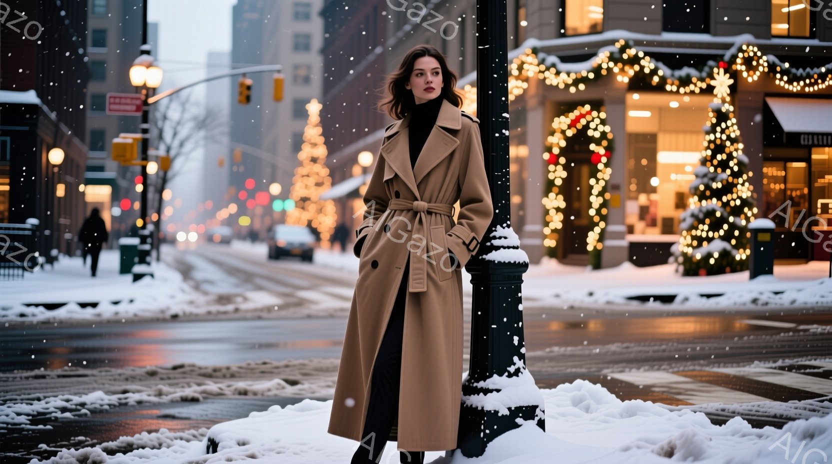 長いキャメルのコートを着た女性が、雪が降る街路に立っている。彼女は黒い服を着ており、髪は肩まで伸びて少しウェーブがかかっている。背景には、クリスマスイルミネーションで飾られた建物や、雪で覆われた道路が - AI生成フリー素材