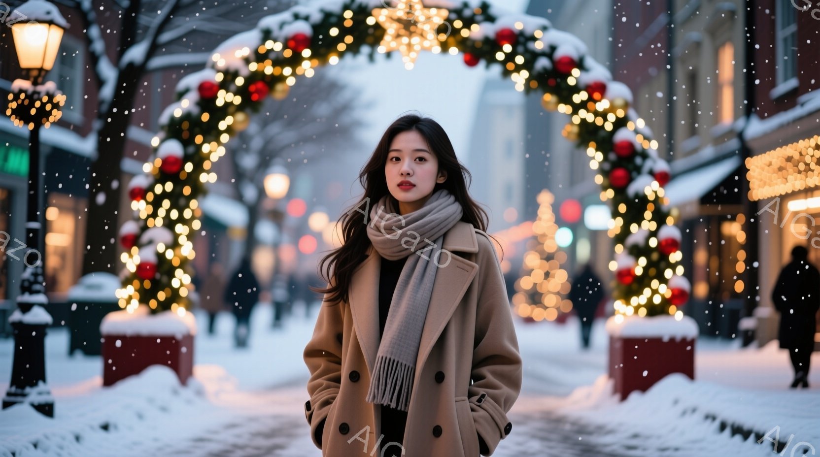 街路は雪で覆われ、クリスマス装飾で彩られています。若い女性はベージュ色のコートとスカーフを着用し、長い髪を肩にかけ、少し微笑んだ表情で正面を見つめています。背景には、光り輝くクリスマスツリーと装飾が施されたアーチがあり、全体的に暖かく、冬の祝祭の雰囲気が漂っています。