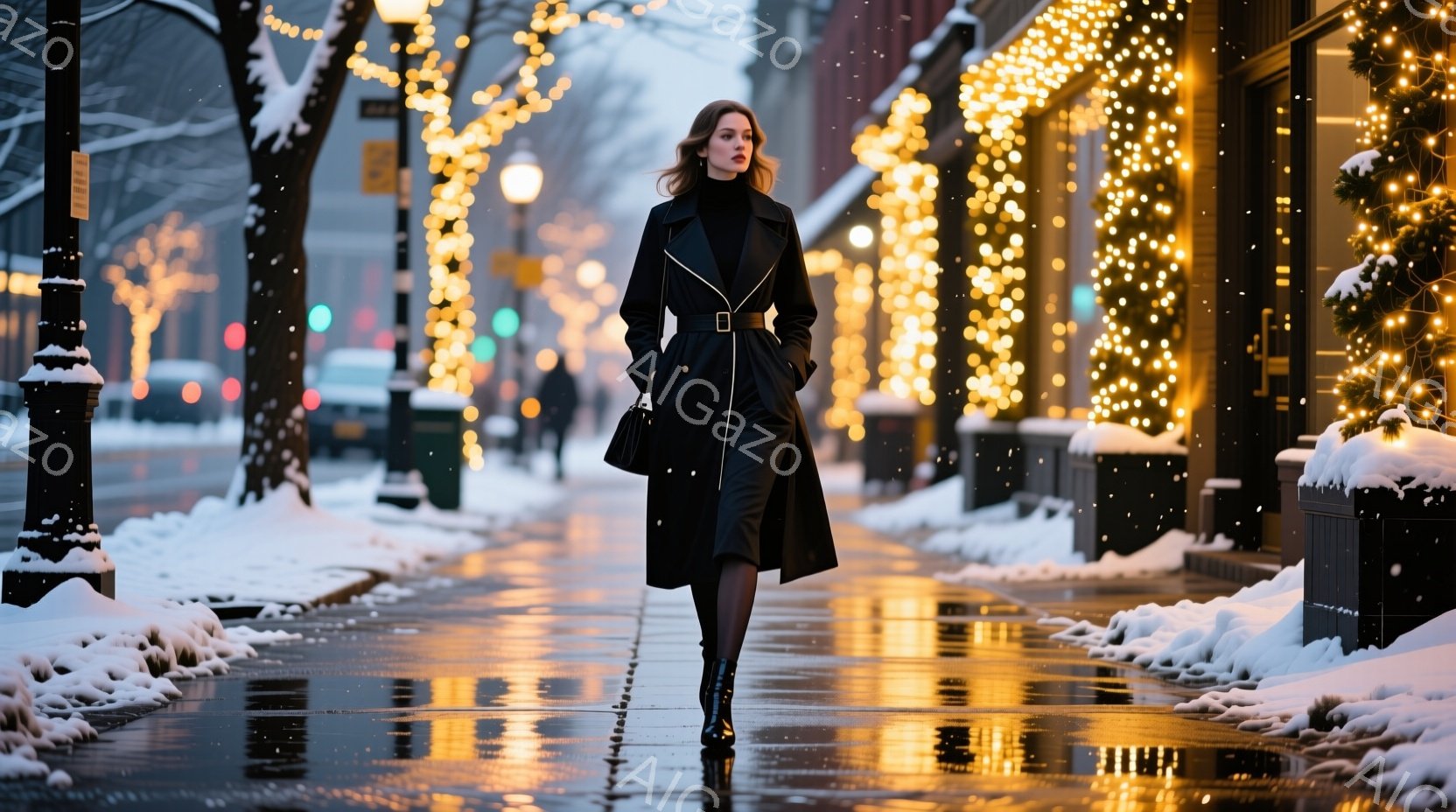長い黒のコートを着た女性が、雪が降る街路を歩いている。彼女は黒のタイツとブーツを履き、髪は後ろで束ねられている。背景には、きらめくイルミネーションで飾られた建物があり、道路には雪が積もり、濡れている。