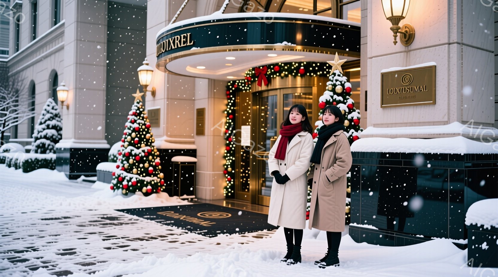 雪が降る中、二人の女性がホテルの入り口前に立っています。彼女たちはロングコートを着ており、一人は赤いスカーフを巻いています。背景にはクリスマスツリーが飾られた華やかなホテル入り口と雪景色が広がっています。