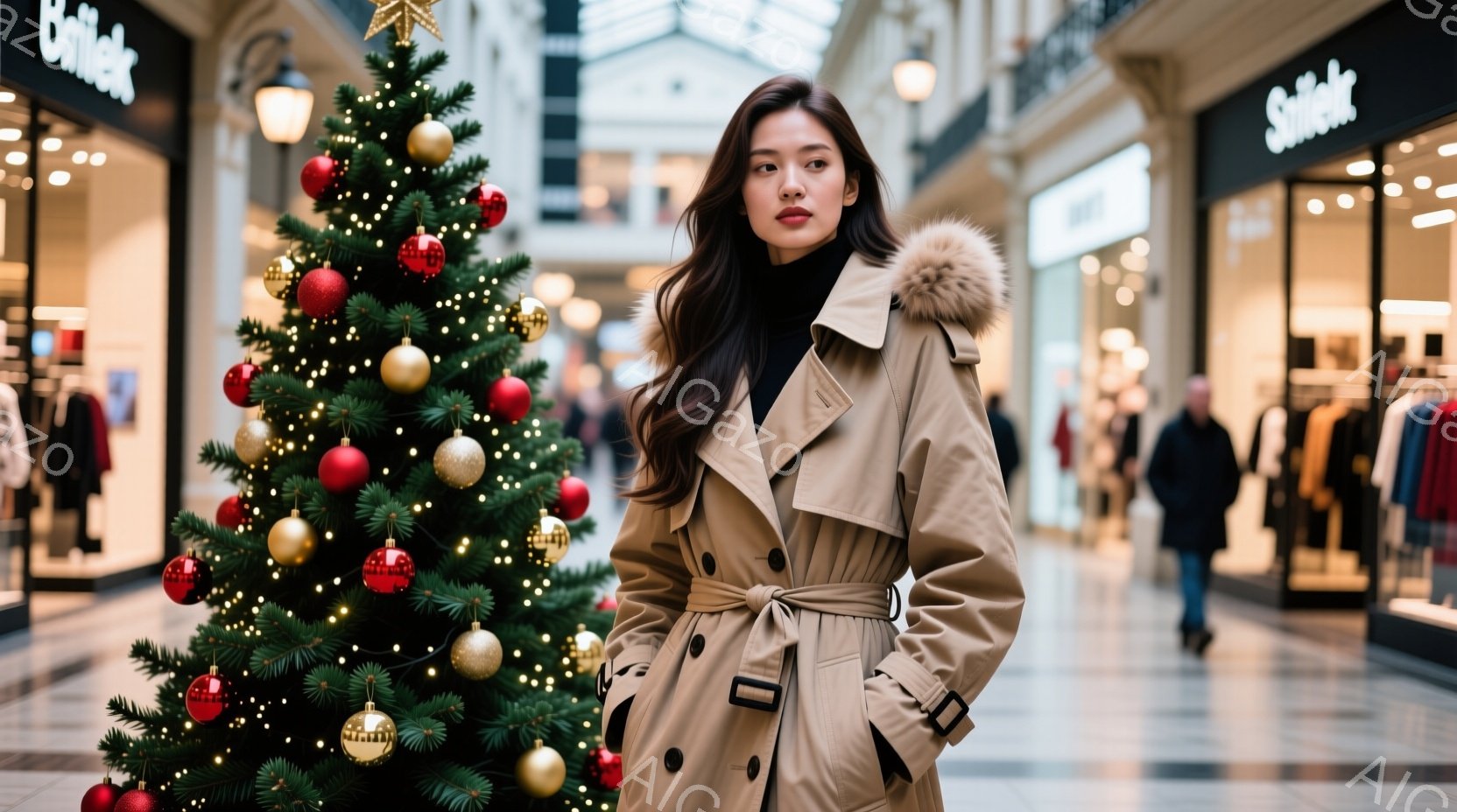 長い茶色のトレンチコートを着た女性が、クリスマスのデコレーションがされたショッピングモールの空間に立っている。彼女は髪を長く伸ばし、少し微笑んでカメラを見つめている。背景にはクリスマスツリーや他の買い - AI生成フリー素材