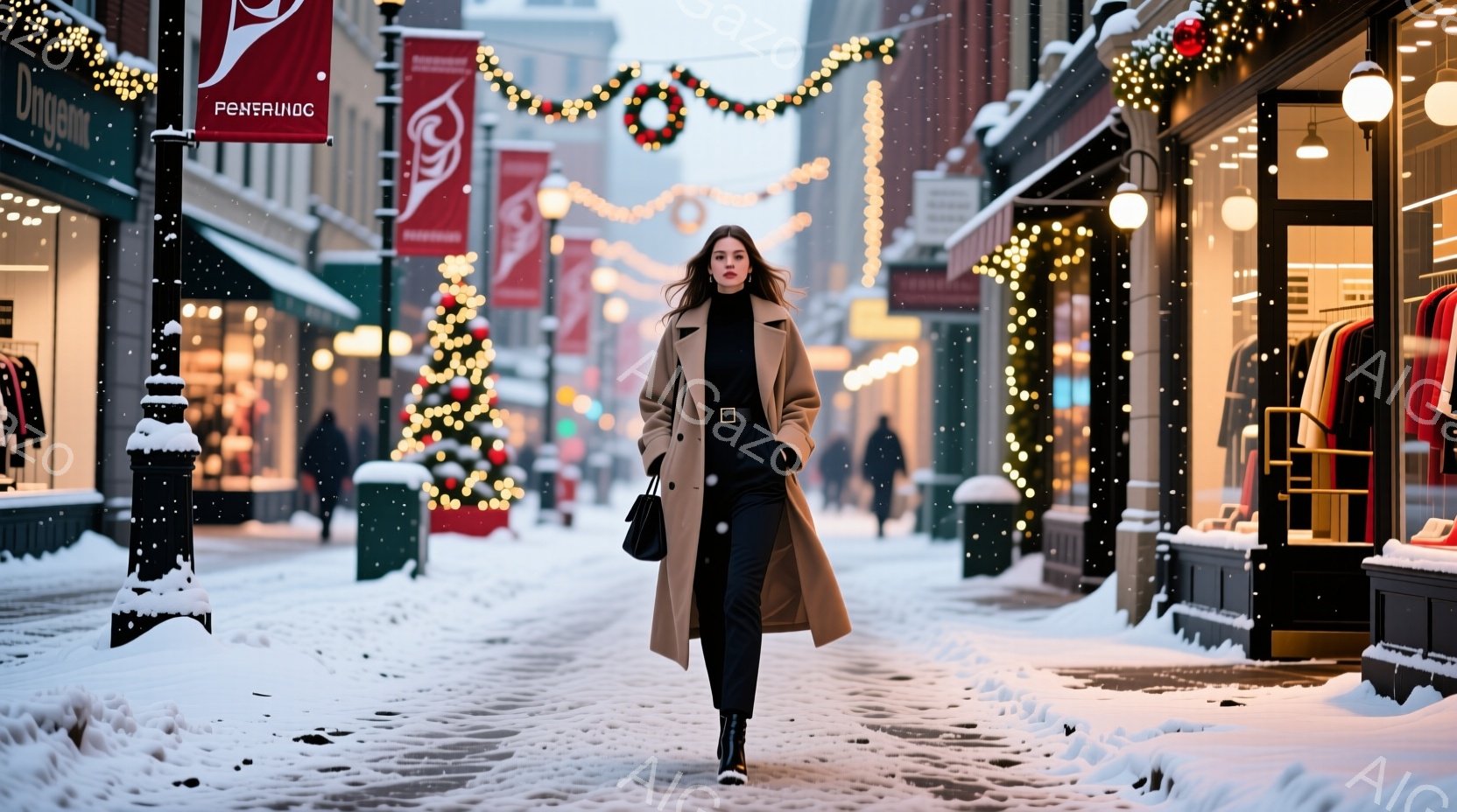 雪が降る街並みを、キャメル色のロングコートを着た女性が歩いている。彼女は黒いパンツとブーツを履き、髪はストレートで肩にかかっている。背景には、クリスマスイルミネーションで飾られた建物やお店が並び、冬の - AI生成フリー素材