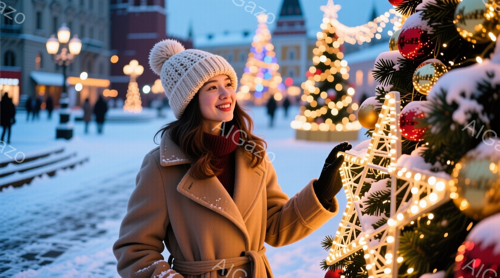 女性は、クリーム色のニット帽とキャメル色のコートを着て、クリスマスのデコレーションの前に立っています。彼女は微笑んでおり、片手をデコレーションの光る構造物にかざしています。背景には、雪で覆われた広場、 - AI生成フリー素材