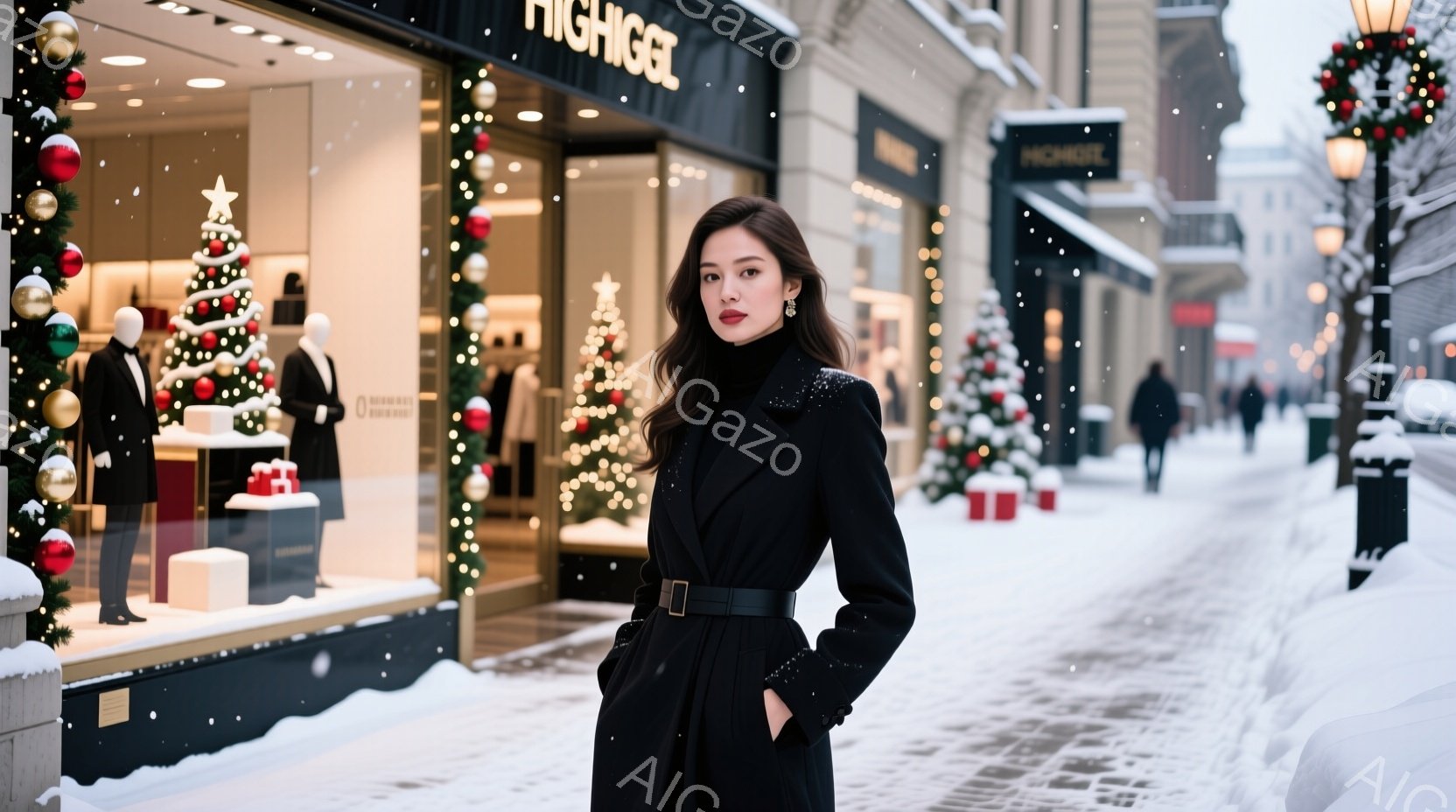 黒いコートとドレスを着た女性が、雪が降る街並みの前に立っている。彼女は少し微笑んでおり、エレガントな雰囲気を醸し出している。背景にはクリスマス装飾が施されたショーウィンドウと、雪に覆われた歩道と建物が見え、冬の華やかさと静けさが感じられる。