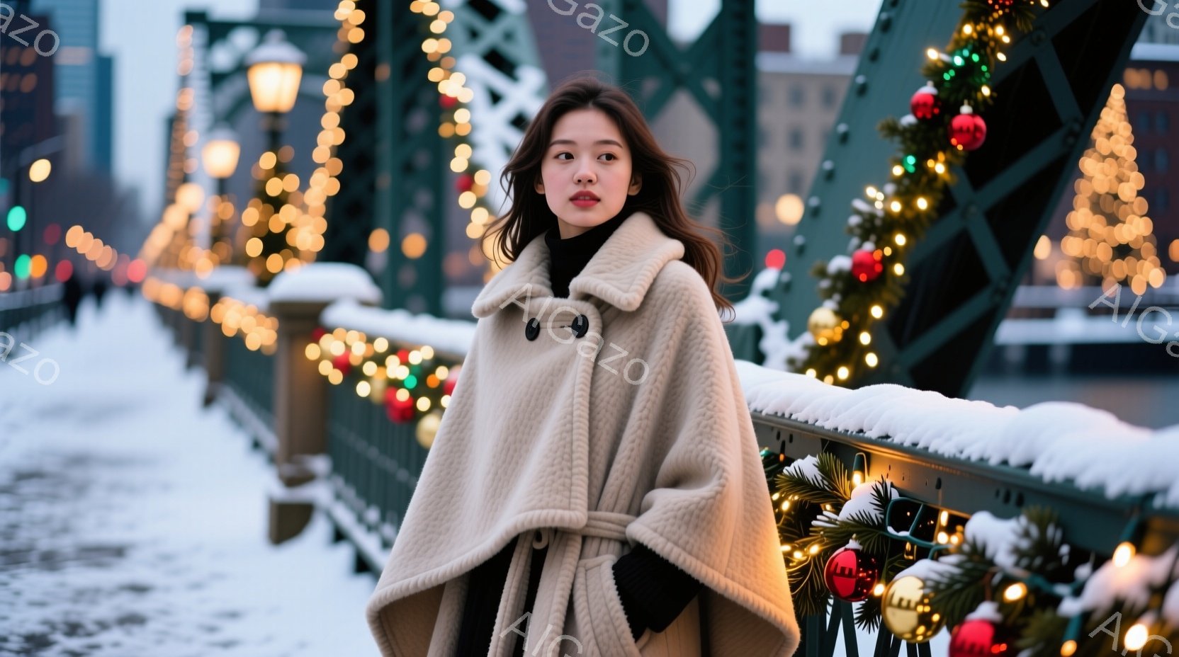 彼女はクリーム色のケープコートを羽織り、黒いインナーを着ています。髪は肩まで伸びており、少し風になびいています。背景には、クリスマスツリーやイルミネーションが飾られた橋があり、雪が降る冬の雰囲気です。