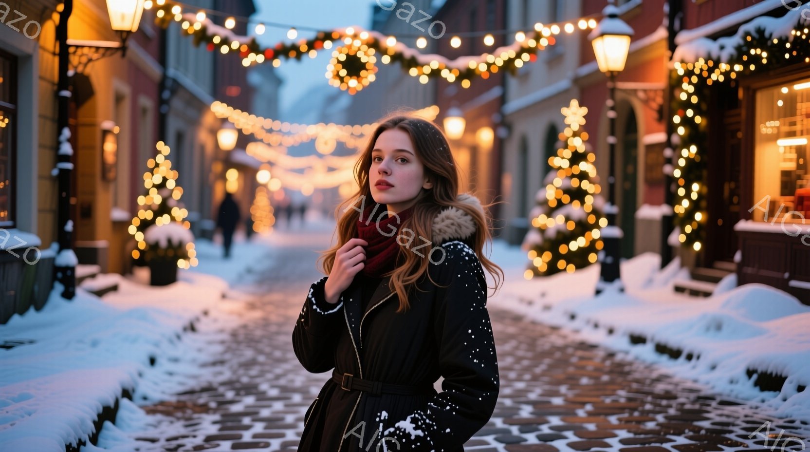 鮮やかなイルミネーションが輝く雪の通りに、赤いスカーフを巻いた女性が立っている。彼女は黒のドット柄のコートを羽織り、ゆるやかなウェーブヘアで、少し憂いを帯びた表情をしている。石畳の道と背景の建物は雪に - AI生成フリー素材