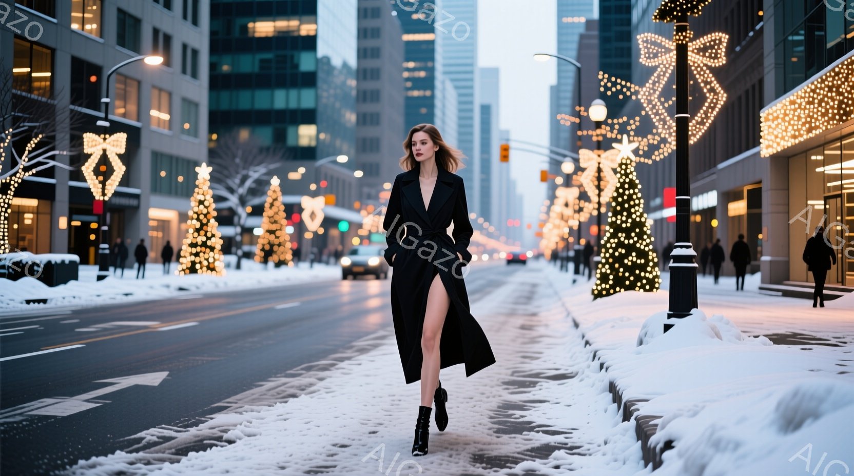 長い黒のコートを身に着けた女性が、雪で覆われた街路を歩いている。彼女はハイヒールを履き、少し微笑んでおり、その姿は洗練されている。背景には、クリスマスイルミネーションで飾られた木々と高層ビルが立ち並び、冬の都会の華やかさを感じさせる。