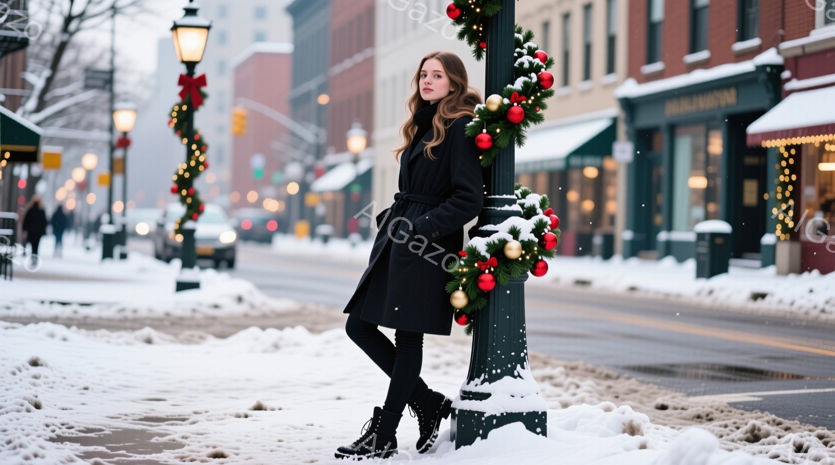 長い黒いコートを着用した女性が、雪で覆われた街路の街灯柱にもたれている。彼女は黒いタイツとブーツを履いており、長い髪は肩にかかっている。背景には、クリスマス装飾が施された建物と雪が降る冬の風景が広がっ - AI生成フリー素材
