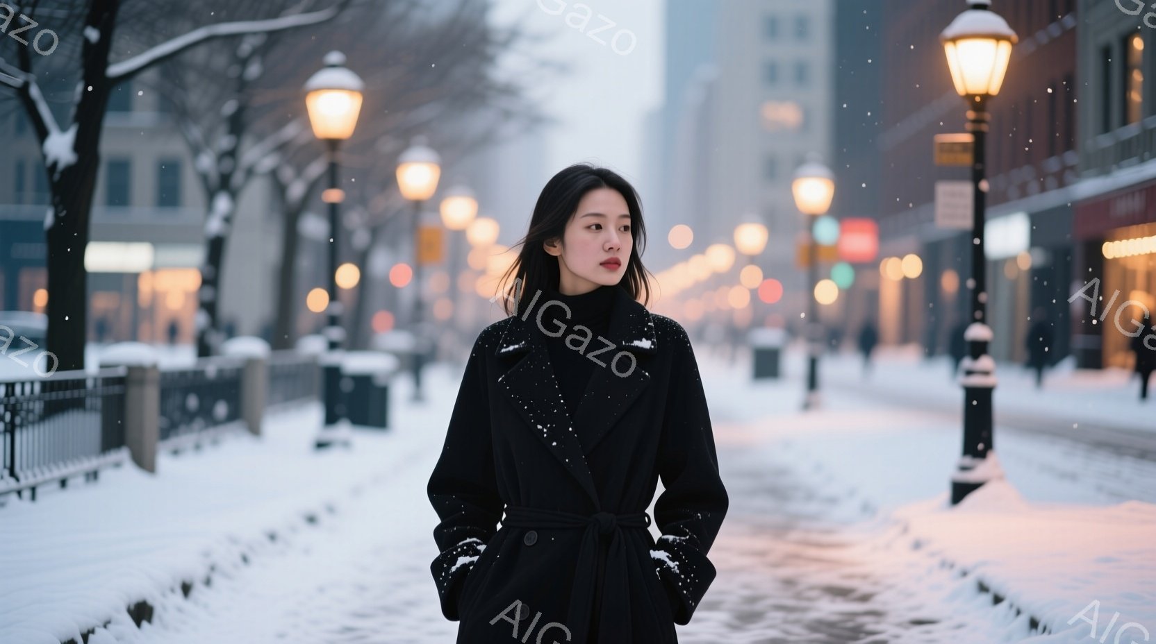 雪が降る街中に立つ女性は、黒いコートと黒いハイネックのセーターを着て、手はポケットに入れています。彼女は長い黒髪で、やや横を向いて少し憂いのある表情をしています。背景には、雪に覆われた建物や街灯が並び、冬の静かで落ち着いた雰囲気が漂っています。