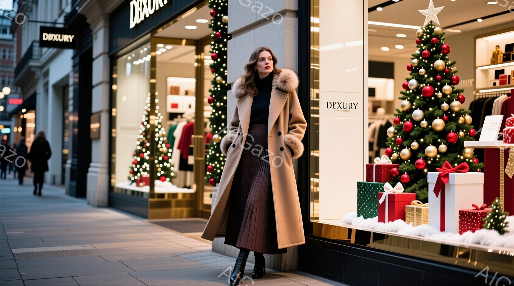 ショッピング街に立つ女性が写っています。キャメル色のファーカラーのコートと、深紅色のプリーツスカート、黒いブーツを身に着けており、自信に満ちた表情で正面を見据えています。背景には、クリスマスツリーやプレゼントで飾られたショーウィンドウが並び、冬の華やかな雰囲気を醸し出しています。