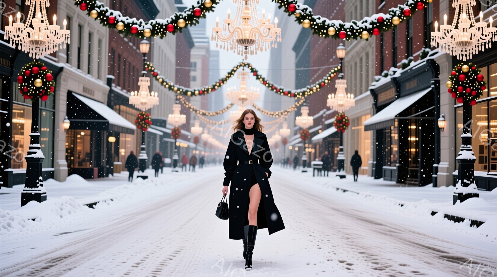 雪が降る街を、黒いロングコートと黒いブーツを身に着けた女性が堂々と歩いている。彼女は長い髪を後ろでまとめ、自信に満ちた表情で正面を見据えている。背景には、クリスマス装飾が施された建物が並び、冬の華やかな雰囲気を醸し出している。