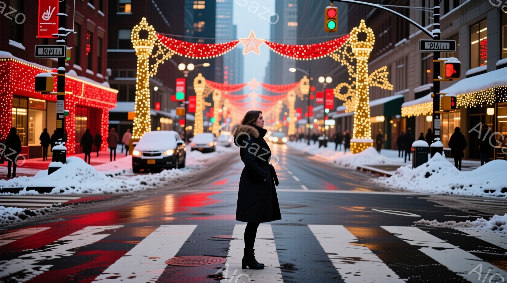 凍った道路の横断歩道に、ファー付きの襟の黒いコートを着た女性が立っている。彼女は横を向き、どこかを見つめており、表情は穏やかだ。背景には、クリスマスらしい装飾が施された街並みが広がり、雪が積もった歩道 - AI生成フリー素材