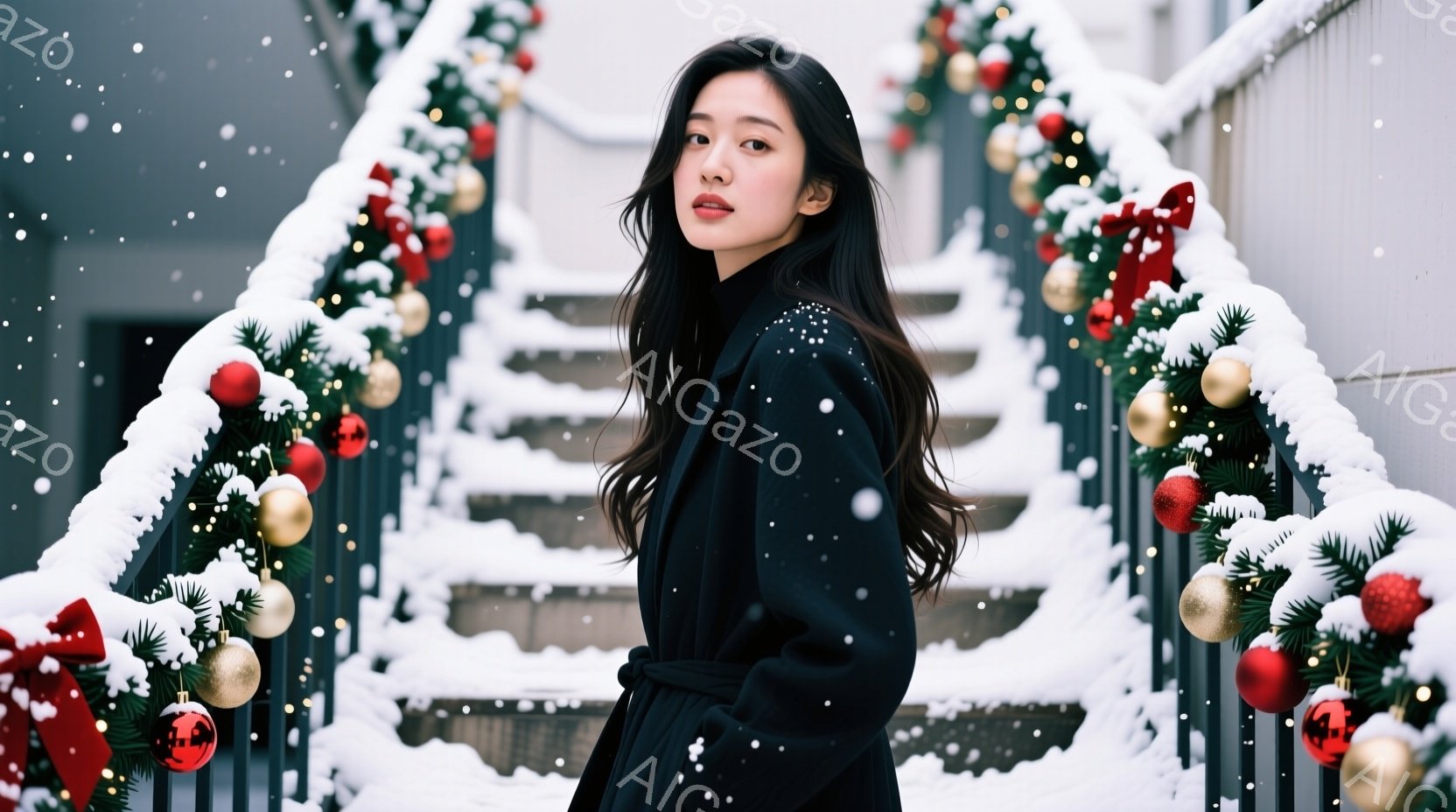 長い黒髪をなびかせた女性が、黒いコートを着て階段に立っています。彼女は少し微笑んでおり、冬の装飾で飾られた階段が背景にあります。雪が舞い散る冬の雰囲気で、上品で洗練された印象を与えます。
