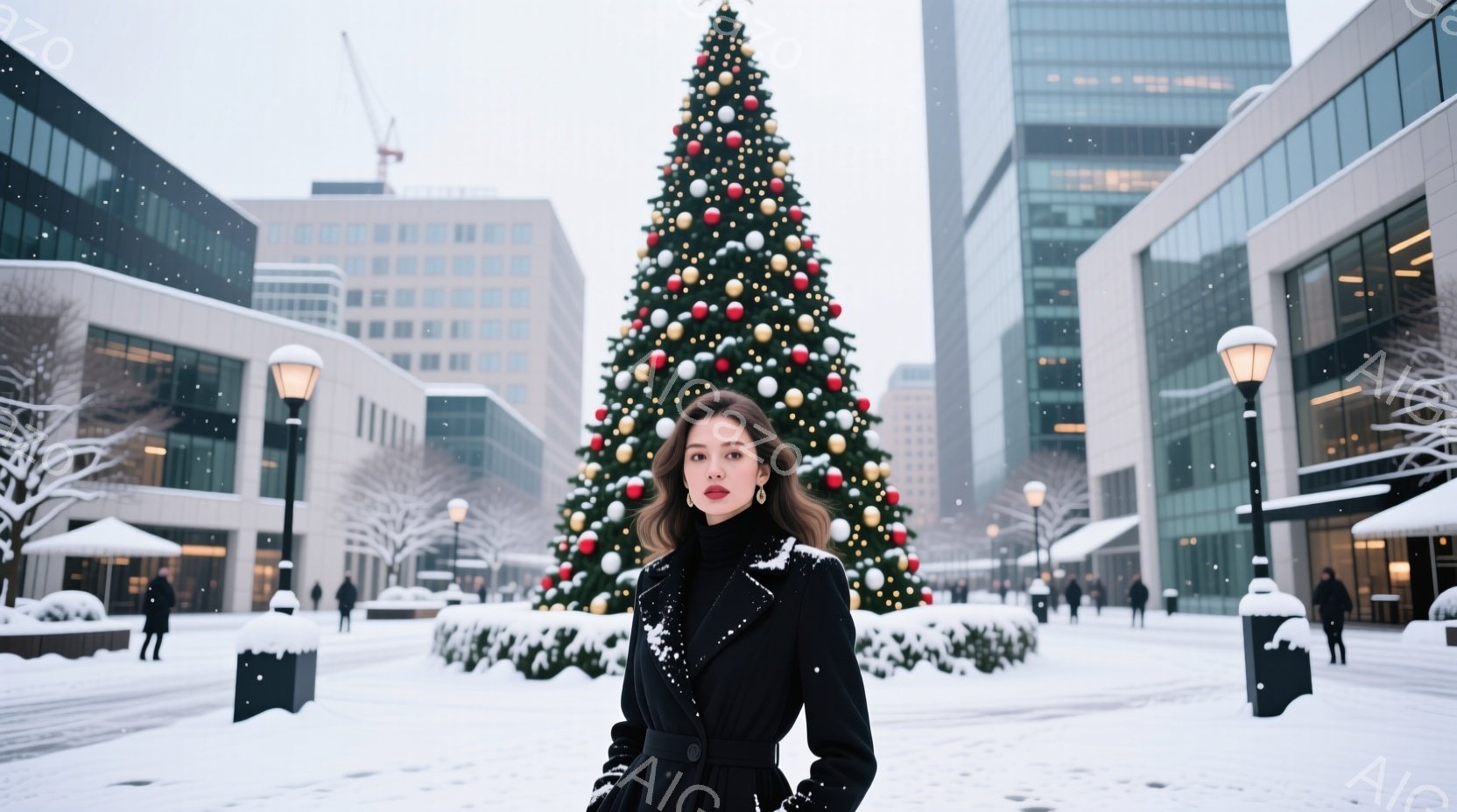 街の中心にある広場に立つ女性は、黒いコートと白いセーターを着て、耳元には輝くイヤリングをつけています。彼女は少し微笑んでおり、自信のある表情を浮かべています。背景には巨大なクリスマスツリーと雪で覆われた建物があり、雪が舞う冬の雰囲気が漂っています。