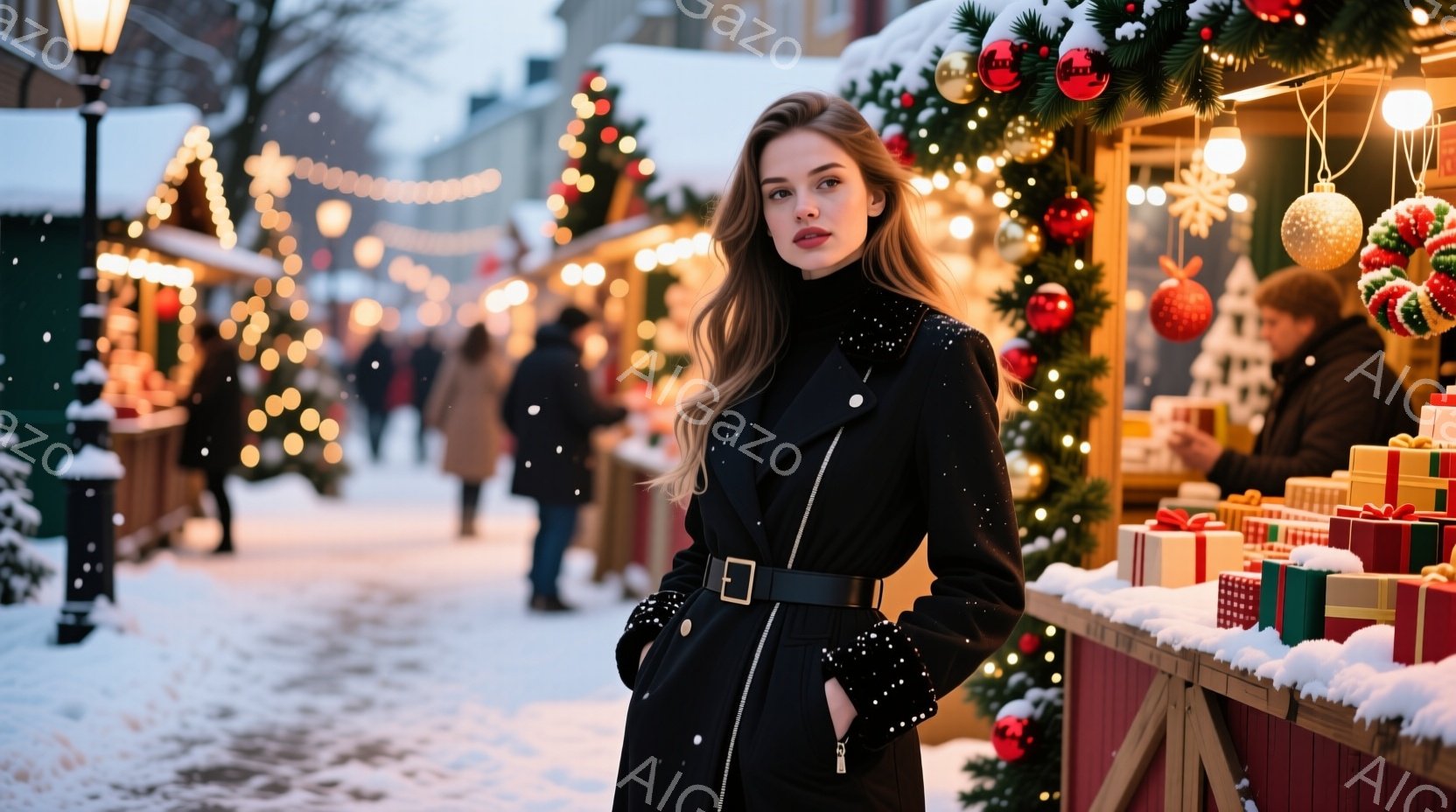 長い茶髪をなびかせ、黒のコートを羽織った女性が写っている。彼女は少し微笑みを浮かべ、コートのポケットに手を入れ、リラックスした姿勢で立っている。背景にはクリスマスのマーケットのような賑やかな光景が広がり、雪が舞い散る冬の夜を思わせる、暖かく幻想的な雰囲気である。