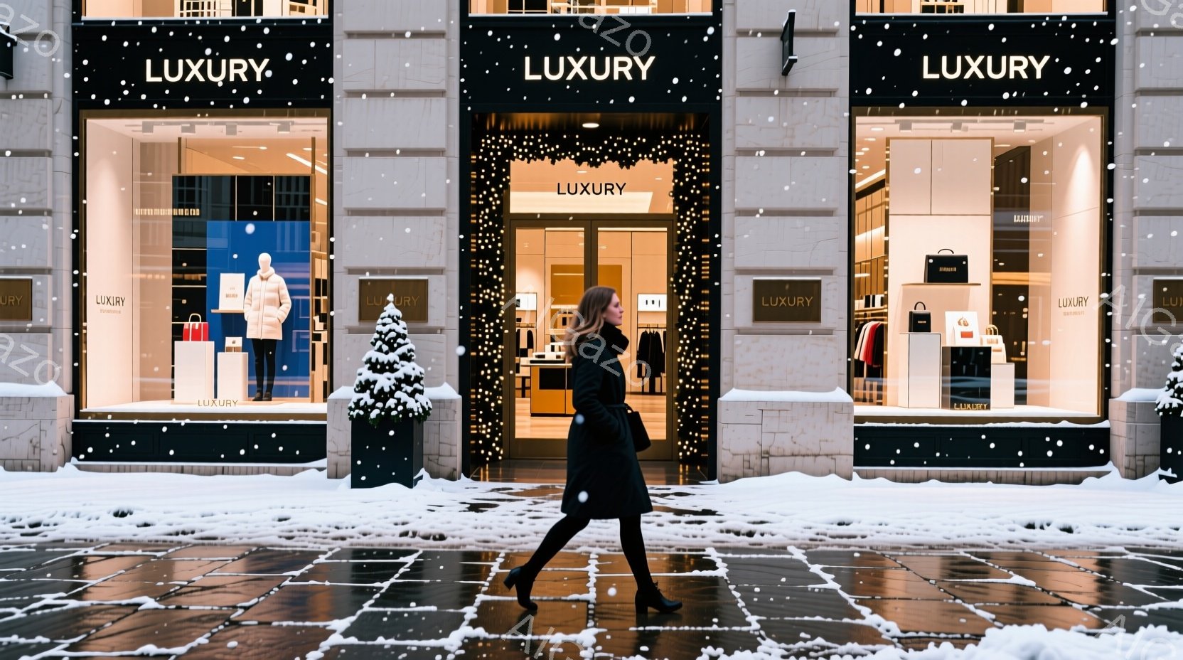 雪が降る街並みを、黒いコートを着た女性が歩いている。彼女は髪を後ろでまとめ、真剣な表情で前を見据えている。背景には「LUXURY」と書かれた高級ブランドの店舗が並び、クリスマスの飾り付けが施され、洗練された冬の雰囲気を醸し出している。
