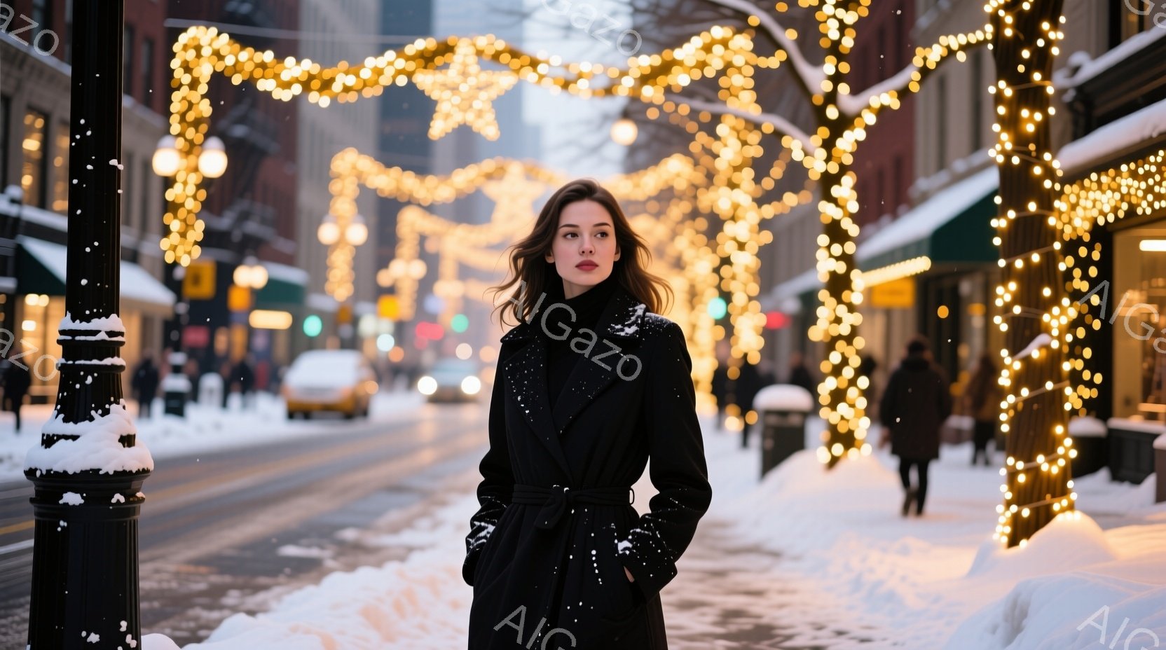 雪が降る街並みを、黒いコートを着た女性が立っている。彼女は髪を後ろでまとめ、少し微笑んでおり、落ち着いた表情をしている。背景には、雪で覆われた建物と、輝くイルミネーションが広がり、冬の暖かく幻想的な雰囲気を醸し出している。