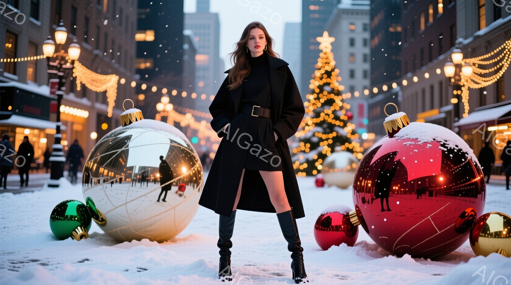 長い黒いコートと黒いブーツを身につけた女性が、巨大なクリスマスオーナメントに囲まれて立っている。彼女はストレートの茶髪で、自信に満ちた表情をしている。背景には雪が降り積もり、クリスマスのイルミネーションが飾られた建物が並び、冬の華やかな雰囲気を醸し出している。