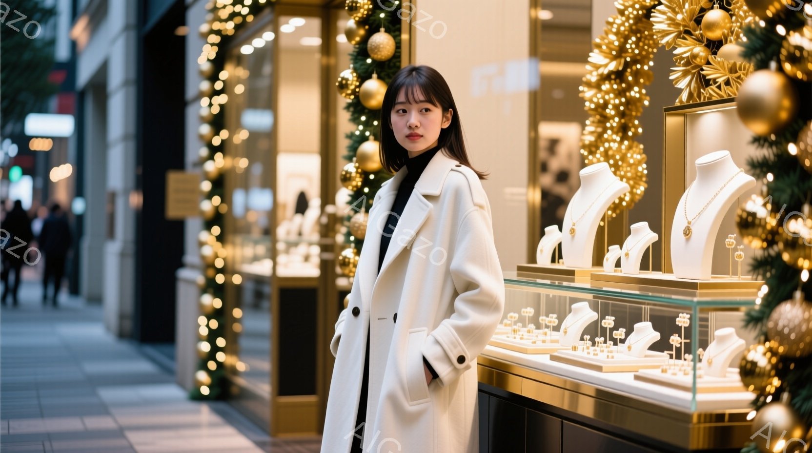白いオーバーサイズのコートを着た若い女性が、ショーウィンドウの前に立っている。彼女は黒い髪を耳にかかり、少し物憂げな表情で正面を見ている。背景にはクリスマスイルミネーションで飾られた建物があり、ショーウィンドウにはジュエリーが並んでいる。
