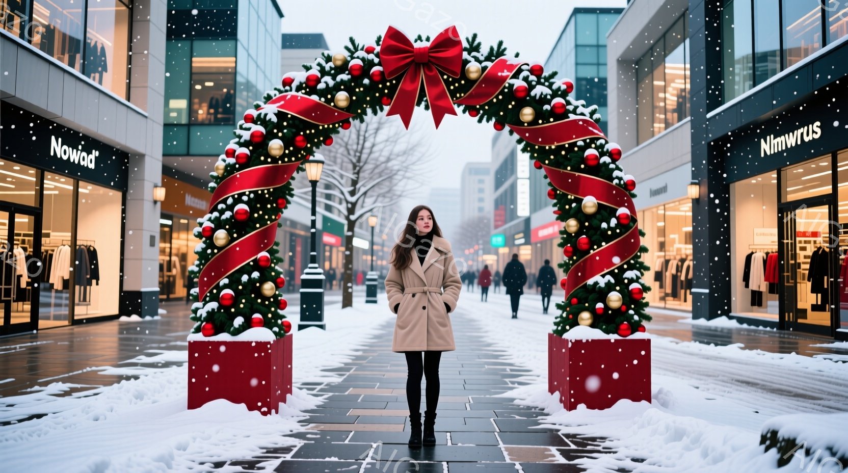 白い雪が降る街並みの中、女性がクリスマス装飾のアーチの下に立っている。彼女はベージュ色のコートを着て、黒いブーツを履き、長い黒髪を後ろに流している。背景には店舗が並び、雪景色が冬の雰囲気を高めている。