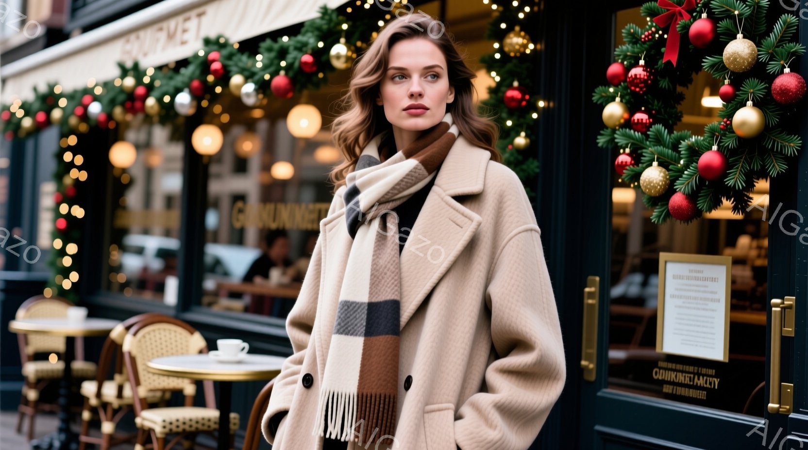 長い茶色の髪をした女性が、ベージュ色のオーバーサイズコートとチェック柄のマフラーを身につけています。彼女は少し微笑んでおり、自信に満ちた表情でカメラの方を見ています。背景にはカフェの窓とクリスマスの装飾が施された通りが写っており、冬の暖かい雰囲気を感じさせます。