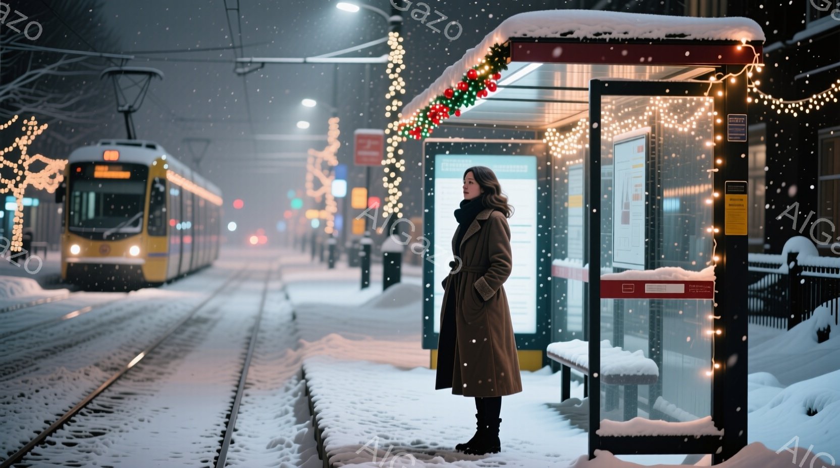 雪が降る夜、女性がバス停で待っている。彼女は茶色の長いコートを着用し、髪は肩まで伸びている。背景には雪で覆われた線路と、ライトアップされた車両、そしてクリスマスの飾り付けがされたバス停が見える、冬の静かで幻想的な雰囲気である。