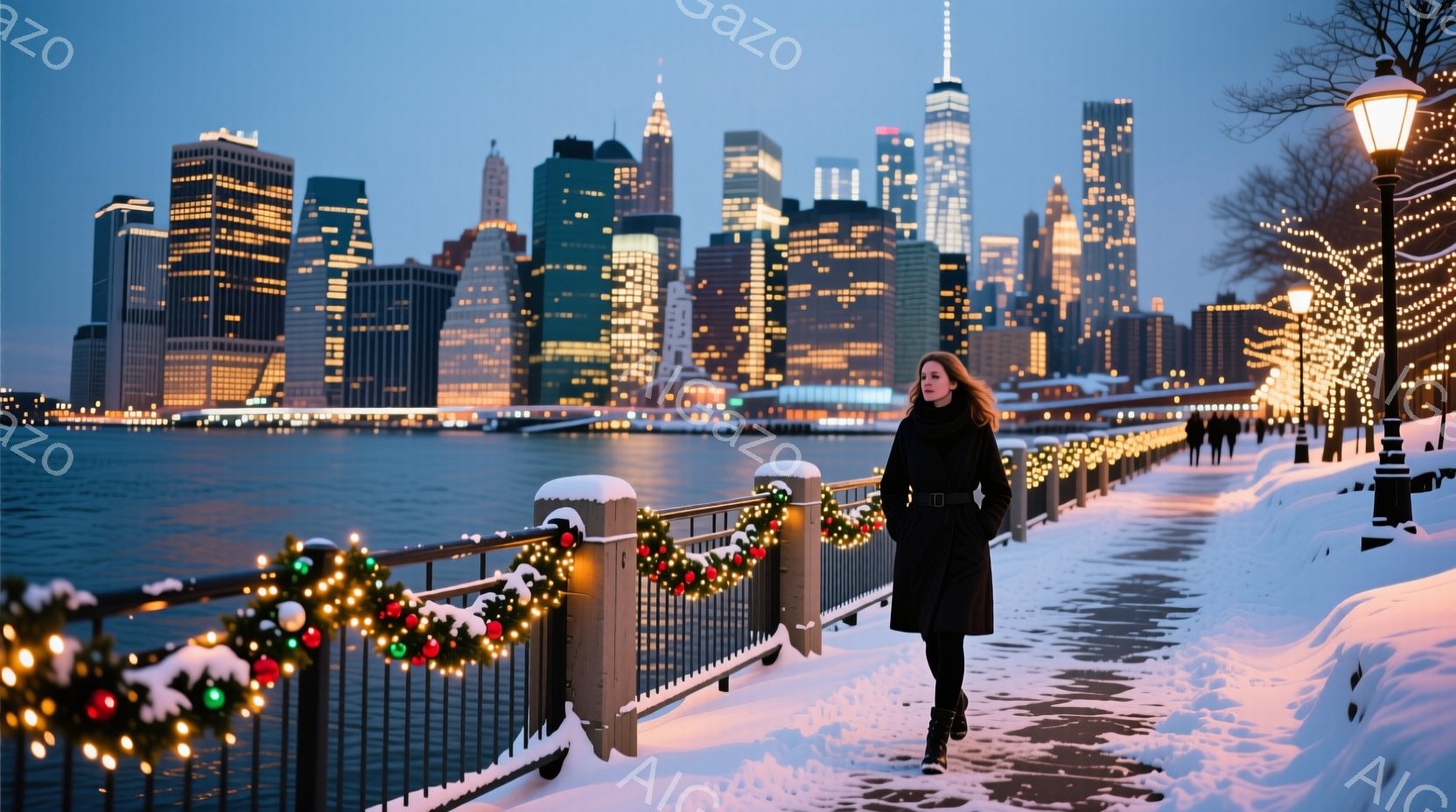 長い黒いコートを着た女性が、雪に覆われた遊歩道を歩いている。背景には、きらめく夜景と高層ビル群が広がり、クリスマスの飾り付けが施された柵が冬の雰囲気を高めている。全体的に、静かで穏やかな冬の夜の光景が表現されている。