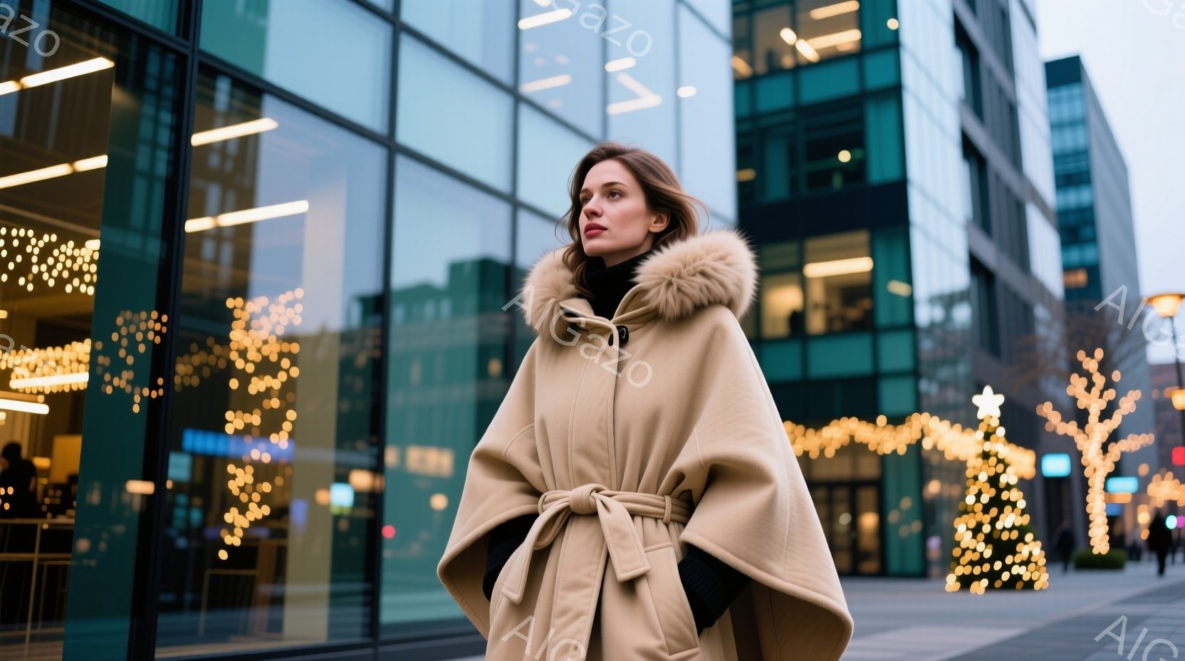 モデルはキャメル色のフード付きケープコートを身につけ、腰にベルトで結んでいます。彼女は少し横を向き、憂いを帯びた表情で遠くを見つめており、髪は自然なカールで肩にかかっています。背景には現代的なガラス張りの建物と、ぼやけたクリスマスイルミネーションが見え、冬の都会の静けさを感じさせる雰囲気です。