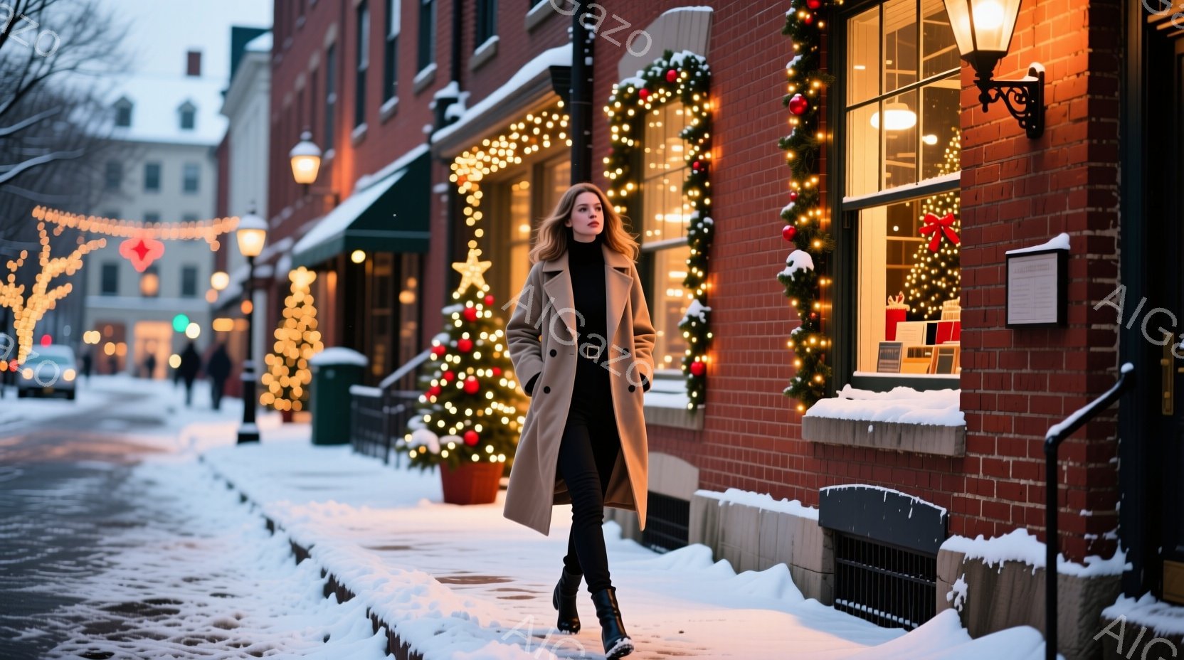 長いキャメルのコートを着た女性が、雪に覆われた歩道を歩いている。彼女は黒いタイツとブーツを履き、髪は肩まで伸ばして自然なスタイルで、表情は穏やかで少し微笑んでいるように見える。背景には、クリスマス装飾されたレンガ造りの建物が並び、暖色の光が雪と相まって、冬の暖かい雰囲気を醸し出している。