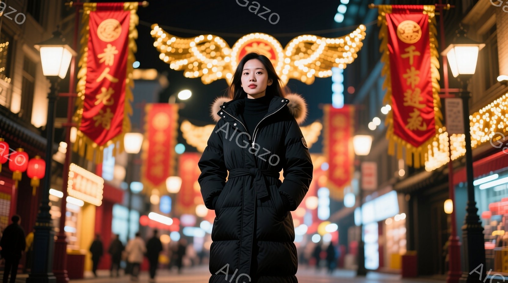 画像には、ダウンジャケットを着た若い女性が立っており、顔はカメラに向かって少し厳しい表情をしています。彼女は手を腰に当て、自信に満ちた姿勢を見せています。背景には、赤色の提灯や中国風の装飾が施された賑やかな通りが広がり、夜の都市の活気を感じさせます。