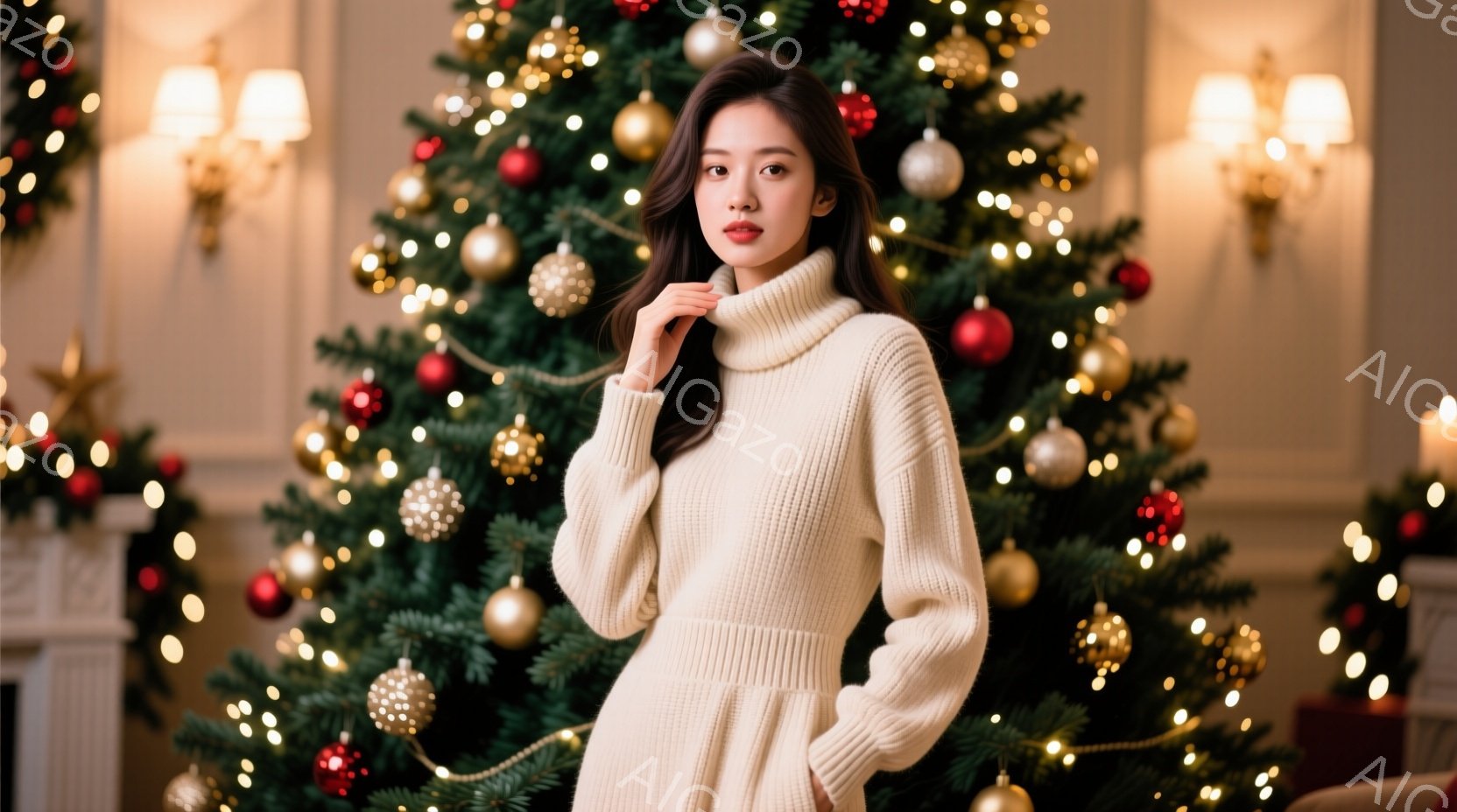 明るい背景に、クリーム色のハイネックセーターを着た若い女性が立っています。彼女は軽く微笑み、片手を顎に当てて、リラックスしたポーズをとっています。背景には、装飾されたクリスマスツリーや暖かい光が灯る室内があり、全体的に温かく華やかな雰囲気を醸し出しています。