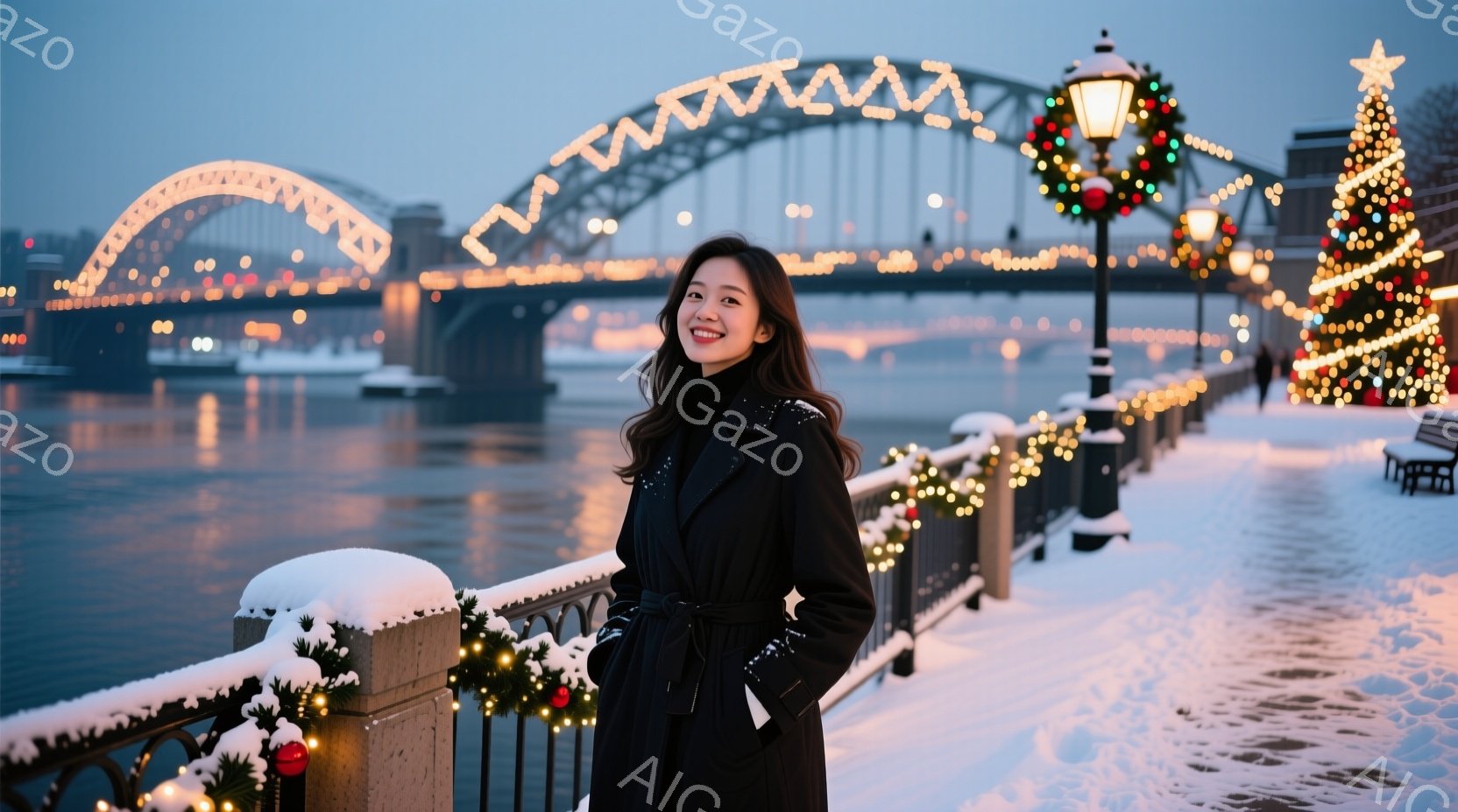 長い黒いコートを着た女性が、雪で覆われた欄干の傍らに立っている。彼女は微笑み、リラックスした様子でカメラを見ている。背景には、クリスマスイルミネーションで飾られた橋と、雪が降る夜の風景が広がっており、冬の暖かく幻想的な雰囲気を醸し出している。