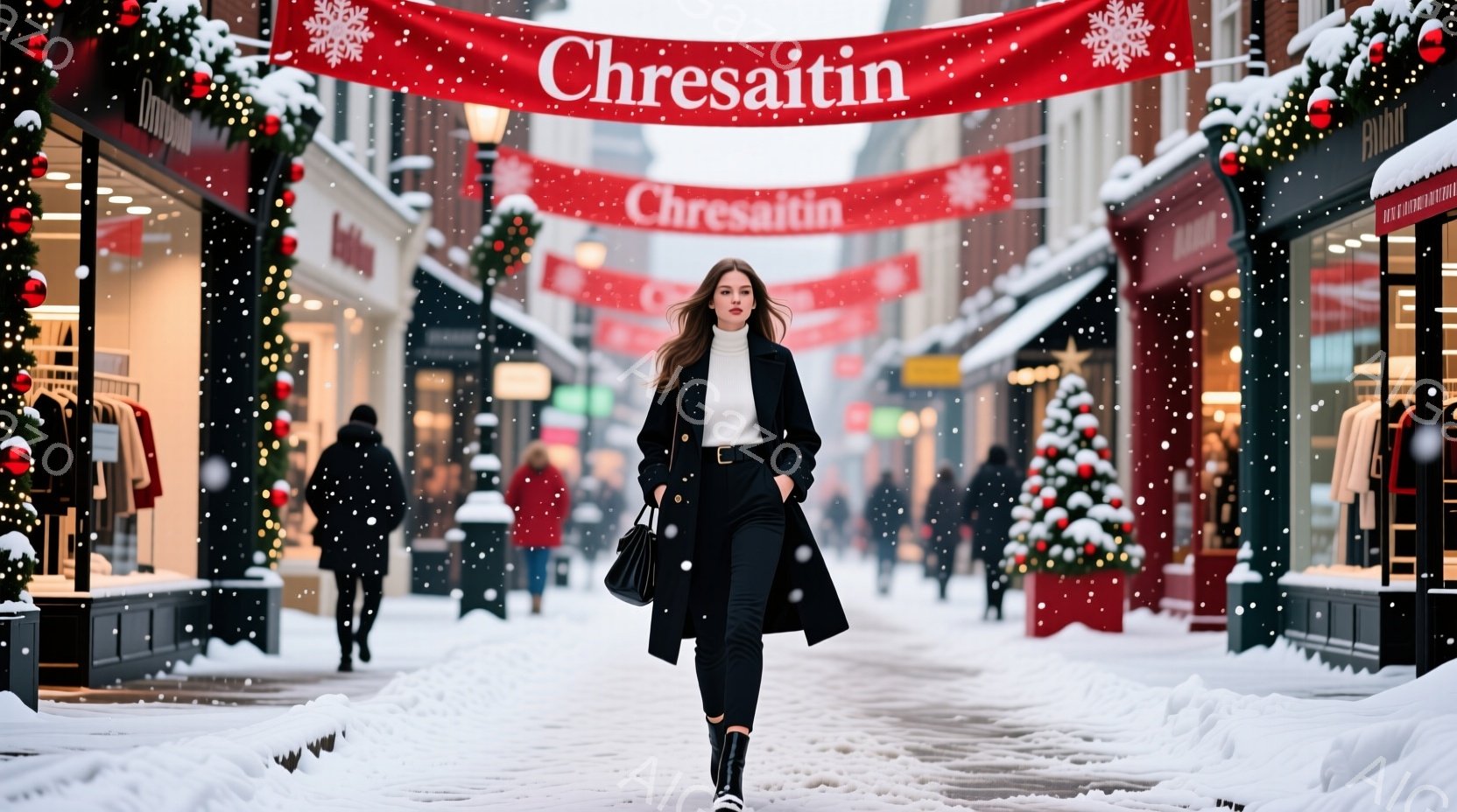 吹雪の中、黒のロングコートを着た女性が正面をまっすぐ歩いている。彼女は白いセーターと黒いパンツを合わせ、足元は黒いブーツで、髪は後ろで一つにまとめられている。背景には、クリスマスツリーやイルミネーションで飾られた建物が並び、雪が舞う冬の街並みが広がっている。