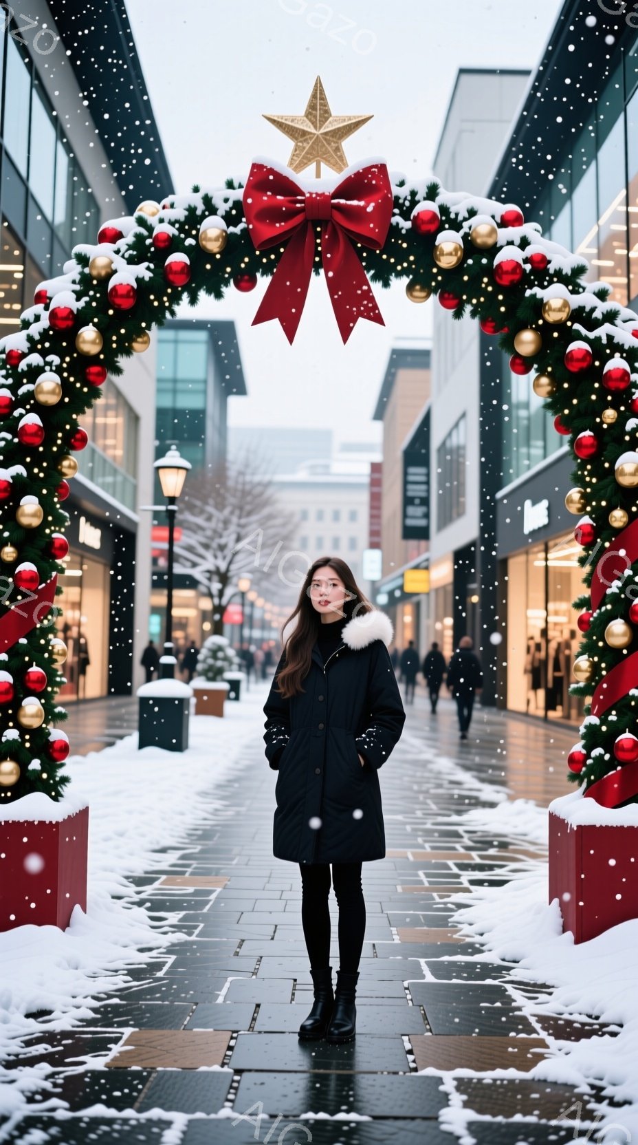 長い黒髪の女性が、クリスマスの装飾が施されたアーチの下に立っている。彼女は黒い冬のコート、黒いレギンス、黒いブーツを身に着け、表情は穏やかで少し微笑んでいるように見える。背景には雪が舞う通りと、装飾された建物が並び、クリスマスの穏やかで祝祭的な雰囲気を醸し出している。