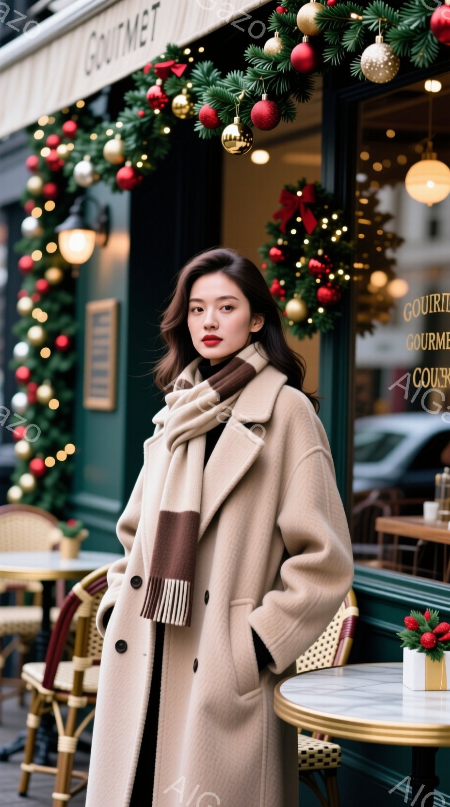 長いベージュのコートとチェック柄のマフラーを身につけた女性が、カフェの前に立っている。彼女は少し微笑み、落ち着いた表情で、洗練された雰囲気を醸し出している。背景にはクリスマスの飾り付けが施されたカフェが見え、冬の穏やかな季節を感じさせる。